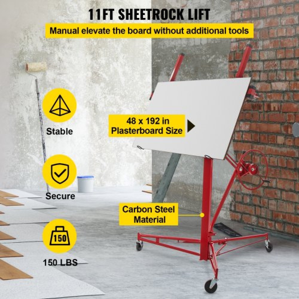 VEVOR Drywall Rolling Lifter Panel, 11ft Sheetrock Lift Drywall Lift, 150lb Weight Capacity Panel Hoist Jack Tool, Steel Material w/Telescopic Arm & 3 Lockable Wheels, 48x192 in Plasterboard Size