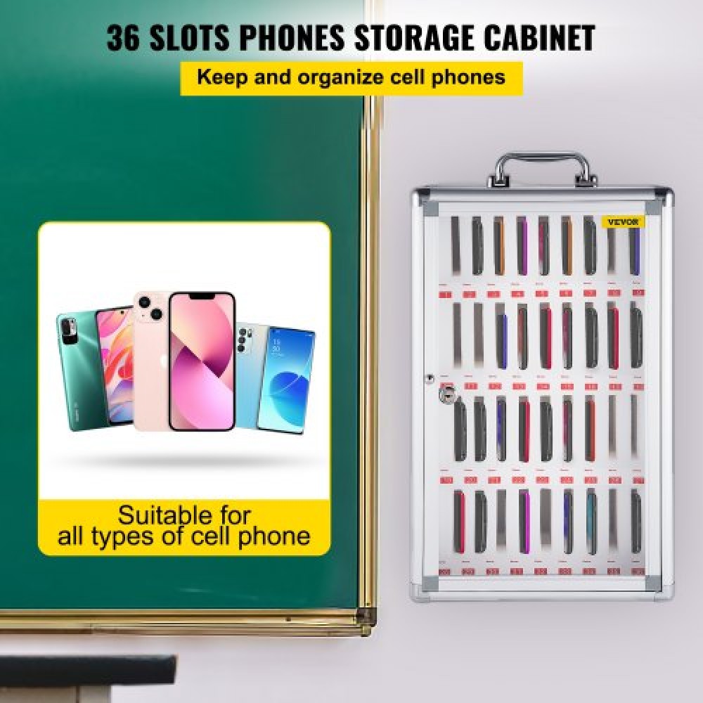 VEVOR Cell Phone Storage Cabinet, 36 Slots, Aluminum Alloy Pocket Chart Storage Locker Box w/ Portable Handle, Key Lock & Handwritten Tags, Wall Mounted for Classroom, Office, Gym