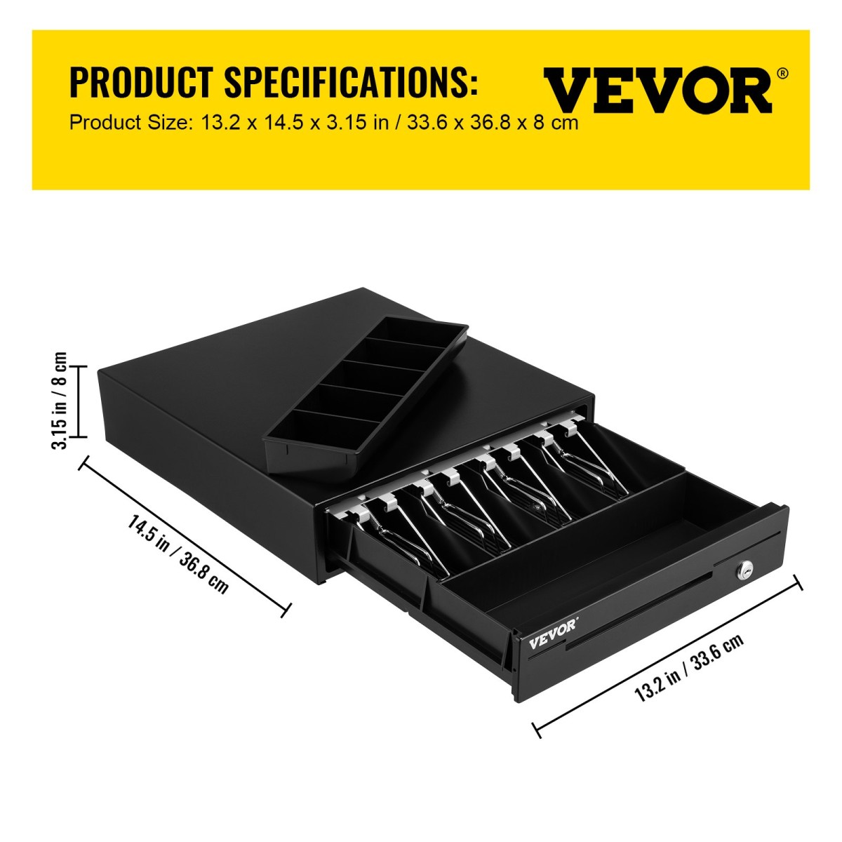 Συρτάρι ταμειακής μηχανής VEVOR, 33 cm 12 V, για σύστημα POS με Δίσκο μετρητών 4 νομισμάτων 5 νομισμάτων, αποσπώμενο διαμέρισμα για νομίσματα & 2 κλειδιά, καλώδιο RJ11/RJ12 για σούπερ μάρκετ, μπαρ, καφετέρια, εστιατόριο