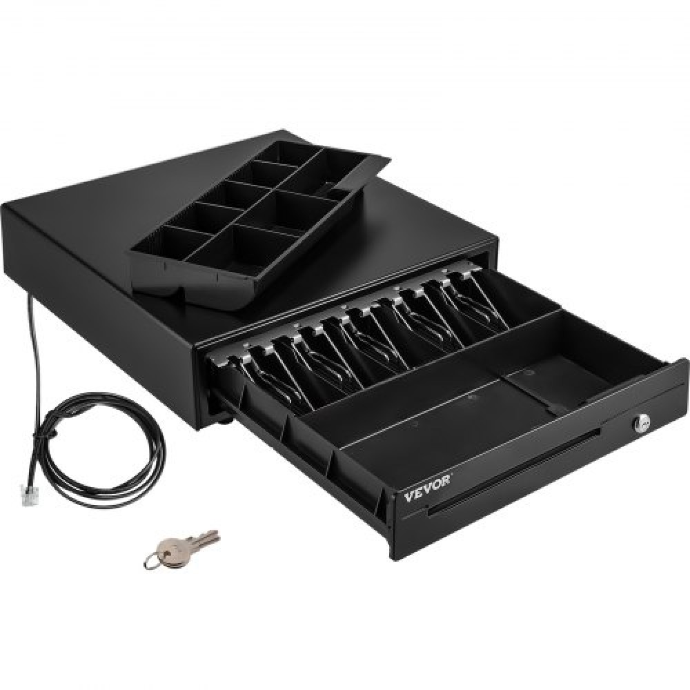 Συρτάρι ταμειακής μηχανής VEVOR, 40,6 cm 12 V, για σύστημα POS με Δίσκο μετρητών 5 χαρτονομισμάτων 8 νομισμάτων, αφαιρούμενη θήκη για νομίσματα & 2 κλειδιά, καλώδιο RJ11/RJ12 για σούπερ μάρκετ, μπαρ, καφετέρια, εστιατόριο