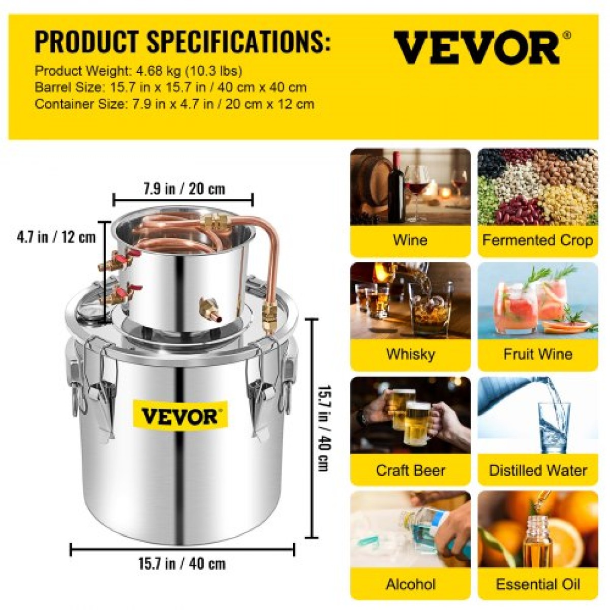 VEVOR Alcohol Still, 50L από ανοξείδωτο ατσάλι Νερό Οινοπνευματοποιητής Distiller με Συμπυκνωτή, 13,2Gal Boiler Wine Making with Copper Tube, Home Brewing Kit με ενσωματωμένο θερμόμετρο για DIY Whisky Wine Brandy, Sil