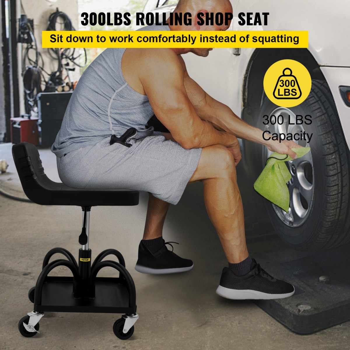 Σκαμπό VEVOR Rolling Garage, χωρητικότητα 300LBS/136 kg, Ρυθμιζόμενο ύψος από 15,7 in/40 cm έως 20,5 in/52,1 cm, Μηχανικό κάθισμα με περιστρεφόμενους τροχούς 360 μοιρών και δίσκο εργαλείων, για συνεργείο, συνεργείο αυτοκινήτων, Μαύρο