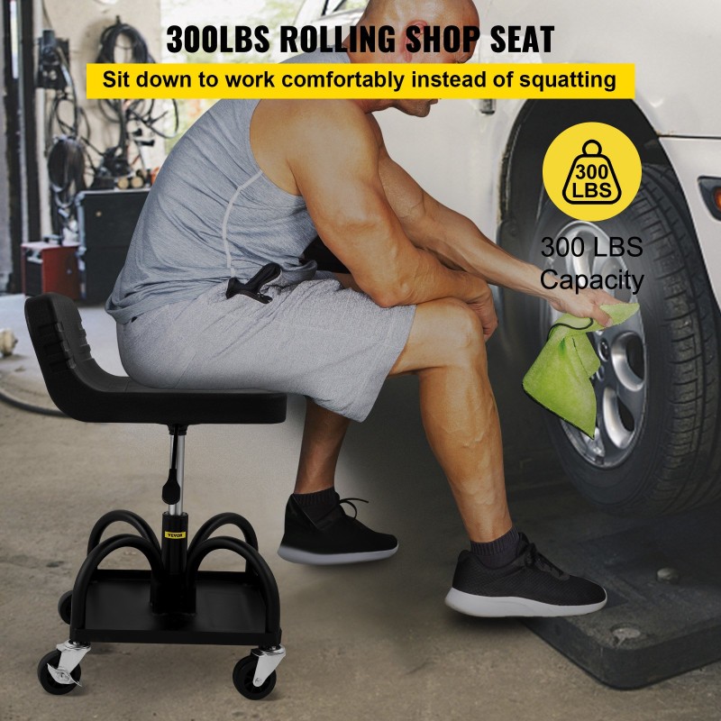 Σκαμπό VEVOR Rolling Garage, χωρητικότητα 300LBS/136 kg, Ρυθμιζόμενο ύψος από 15,7 in/40 cm έως 20,5 in/52,1 cm, Μηχανικό κάθισμα με περιστρεφόμενους τροχούς 360 μοιρών και δίσκο εργαλείων, για συνεργείο, συνεργείο αυτοκινήτων, Μαύρο
