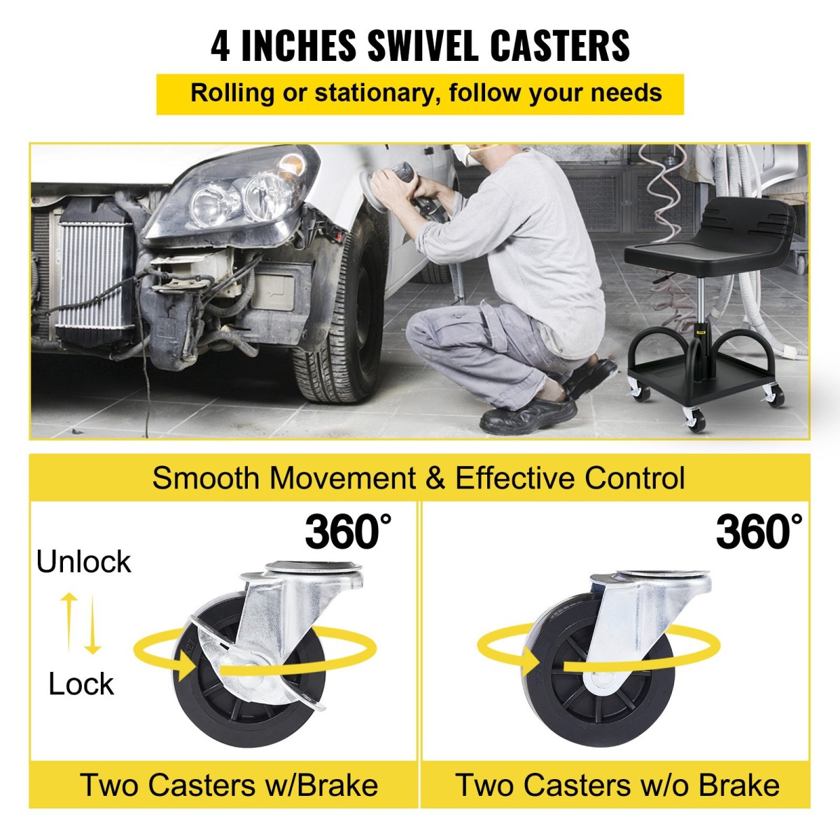 Σκαμπό VEVOR Rolling Garage, χωρητικότητα 300LBS/136 kg, Ρυθμιζόμενο ύψος από 15,7 in/40 cm έως 20,5 in/52,1 cm, Μηχανικό κάθισμα με περιστρεφόμενους τροχούς 360 μοιρών και δίσκο εργαλείων, για συνεργείο, συνεργείο αυτοκινήτων, Μαύρο