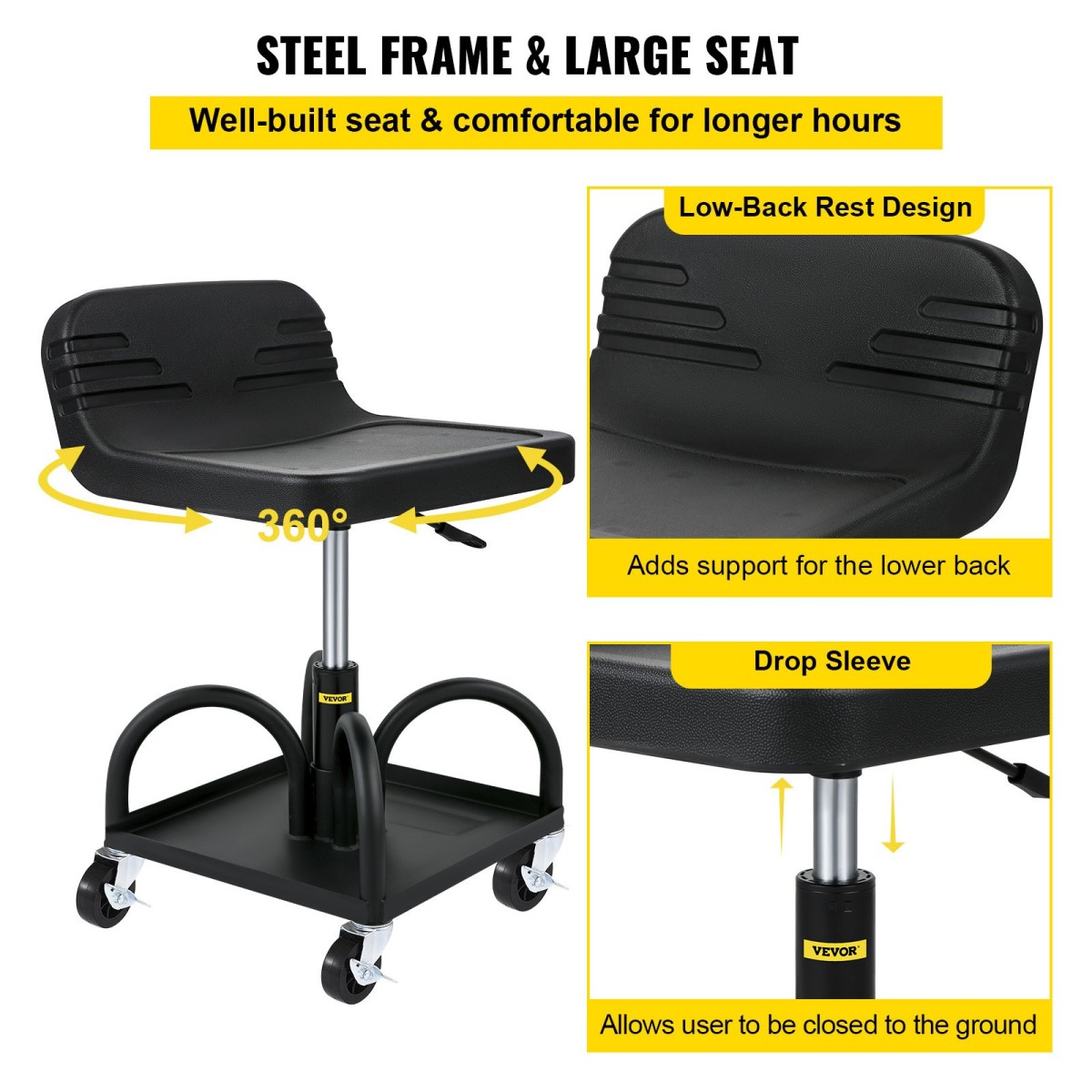 Σκαμπό VEVOR Rolling Garage, χωρητικότητα 300LBS/136 kg, Ρυθμιζόμενο ύψος από 15,7 in/40 cm έως 20,5 in/52,1 cm, Μηχανικό κάθισμα με περιστρεφόμενους τροχούς 360 μοιρών και δίσκο εργαλείων, για συνεργείο, συνεργείο αυτοκινήτων, Μαύρο