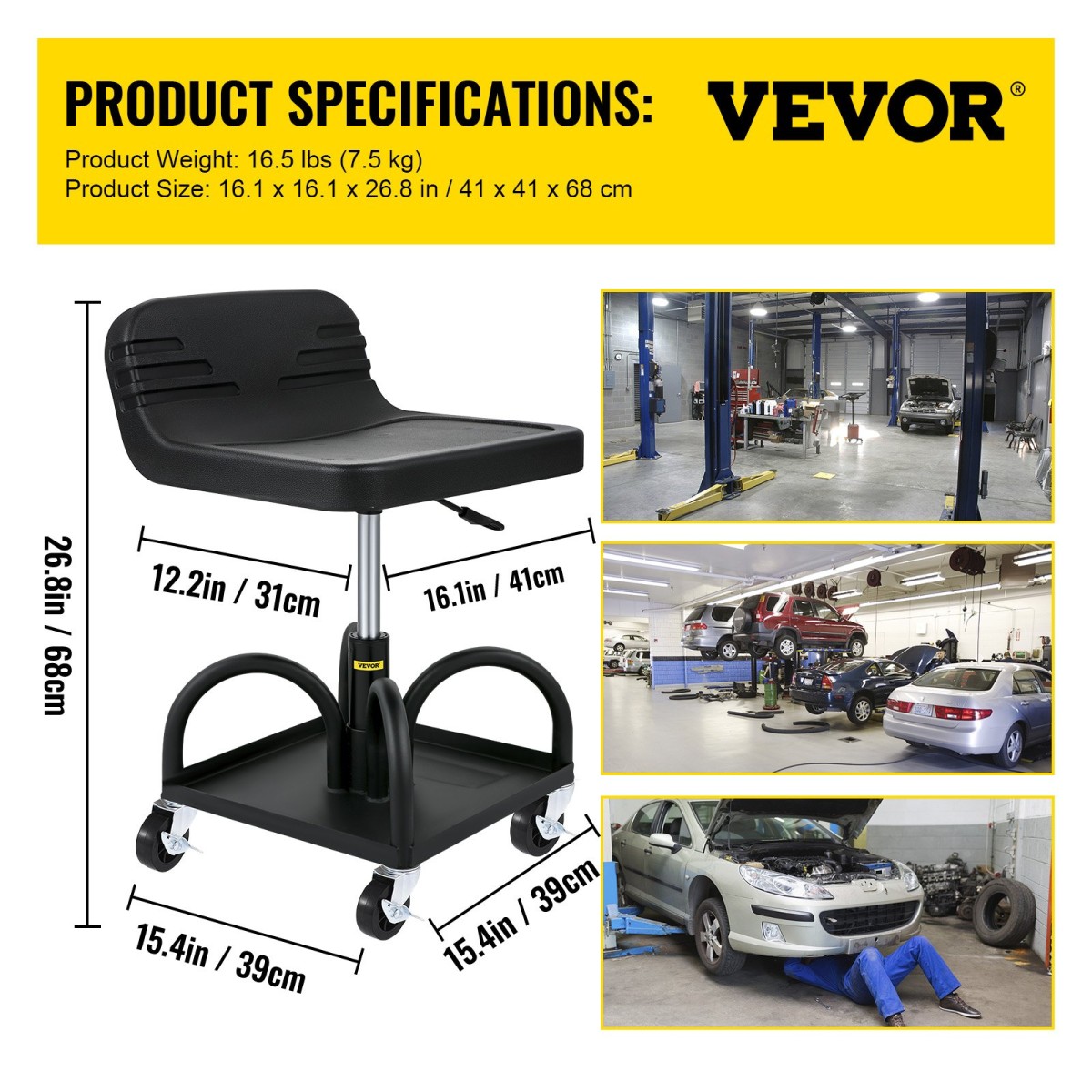 Σκαμπό VEVOR Rolling Garage, χωρητικότητα 300LBS/136 kg, Ρυθμιζόμενο ύψος από 15,7 in/40 cm έως 20,5 in/52,1 cm, Μηχανικό κάθισμα με περιστρεφόμενους τροχούς 360 μοιρών και δίσκο εργαλείων, για συνεργείο, συνεργείο αυτοκινήτων, Μαύρο