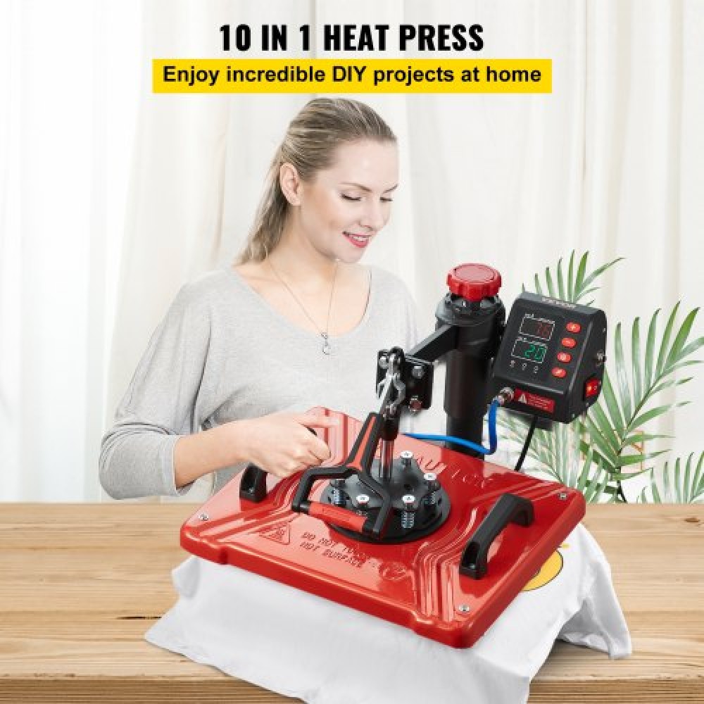 VEVOR Heat Press 30,5x38,1 cm 10 In 1 Heat Press Machine 1000W Heat Pressure with 360° Rotation Swing Away Red Heat Press T-Shirt Machine Sublimation Dual-tube Heating for DIY Pens Caps Κούπες και πουκάμισα