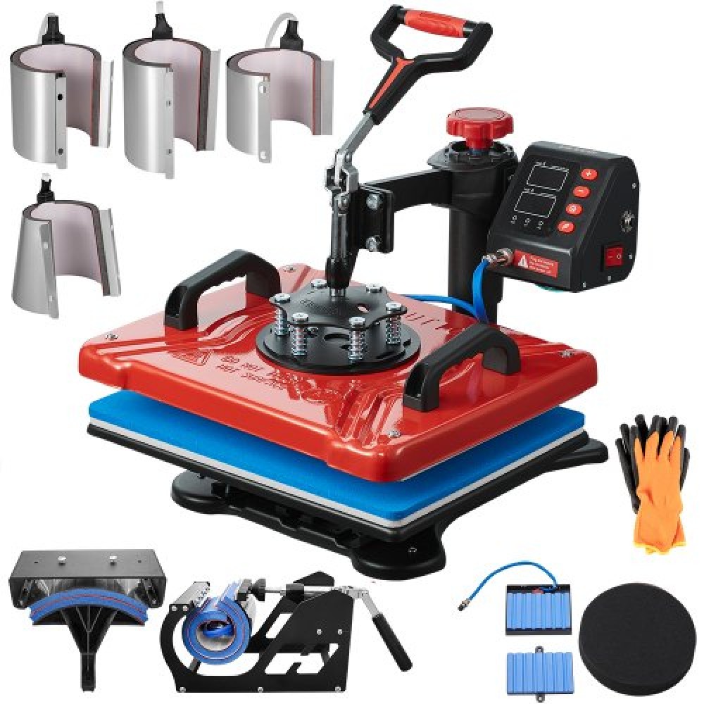 VEVOR Heat Press 30,5x38,1 cm 10 In 1 Heat Press Machine 1000W Heat Pressure with 360° Rotation Swing Away Red Heat Press T-Shirt Machine Sublimation Dual-tube Heating for DIY Pens Caps Κούπες και πουκάμισα