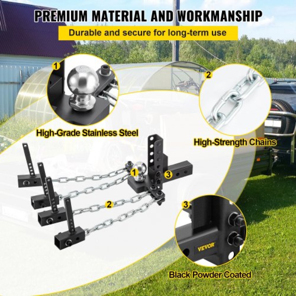 Κοτσαδόρος κατανομής βάρους VEVOR, κοτσαδόρος 1000 lb Tongue Capacity Load Load με έλεγχο ταλάντωσης, 2" μπάλα & 4" Drop/Rise & 4 αλυσίδες & γενικός βραχίονας πλαισίου, ρυμούλκηση τρέιλερ χωρίς αναπήδηση