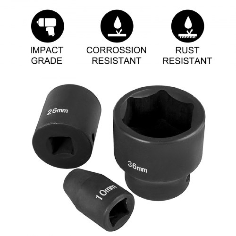 VEVOR Impact Socket Set 1/2 Inches 26 Piece Impact Sockets, Shallow Socket, 6-Point Sockets, Rugged Construction, CR-V, 1/2 Inches Drive Socket Set Impact Metric 10mm - 36mm, with Storage Cage