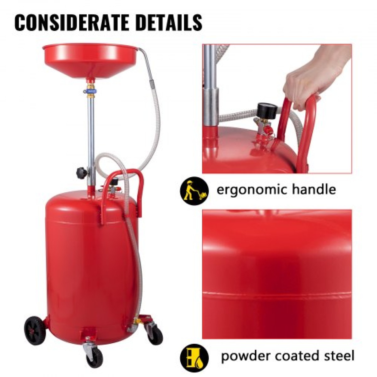 VEVOR Waste Oil Drain Tank 80 L Portable Oil Drain Air Operated Drainer Oil Change, Oil Drain Container, Fluid Fuel Transfer Drinage Ρυθμιζόμενο ύψος χοάνης, με τροχό για εύκολη αφαίρεση λαδιού