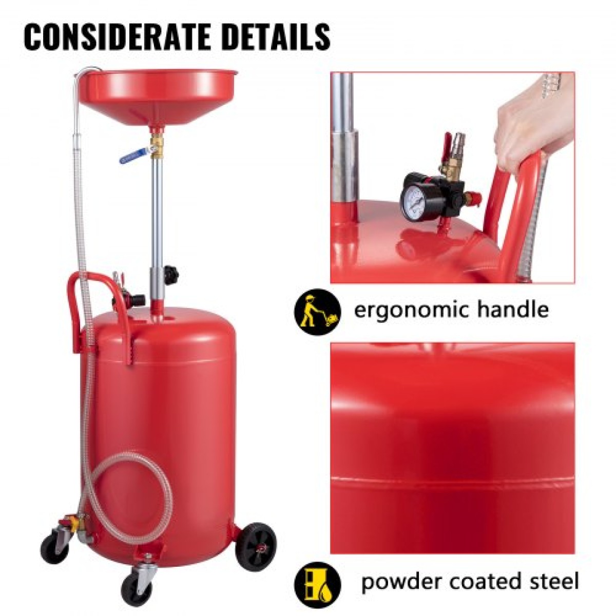 VEVOR Waste Oil Drain Tank 80 L Portable Oil Drain Air Operated Oil Drainer Αλλαγή λαδιού, δοχείο αποστράγγισης λαδιού, ρυθμιζόμενο ύψος χοάνης αποστράγγισης μεταφοράς υγρού καυσίμου, με βαλβίδα ρύθμισης πίεσης