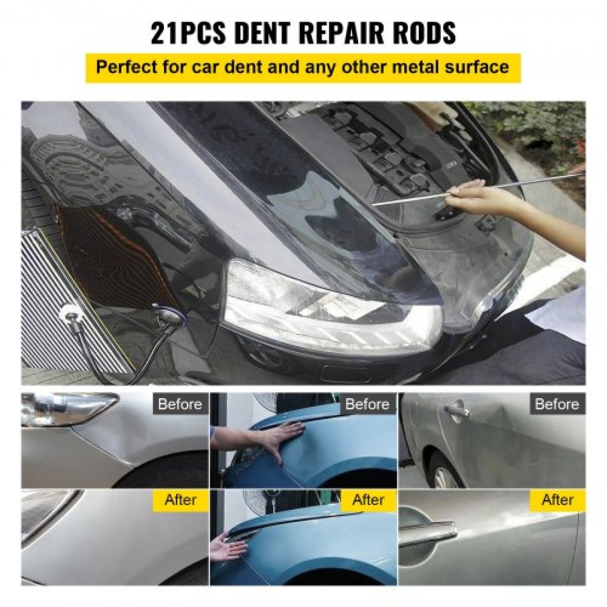 Κιτ αφαίρεσης βαθουλωμάτων VEVOR Rods, 21 τμχ Ράβδοι επισκευής βαθουλωμάτων χωρίς βαφές, ράβδοι βαθουλώματος από ανοξείδωτο χάλυβα, εργαλεία επισκευής βαθουλωμάτων ουράς φάλαινας, επαγγελματικό εργαλείο αφαίρεσης βαθουλωμάτων χαλαζιού για μικρά βαθουλώματ