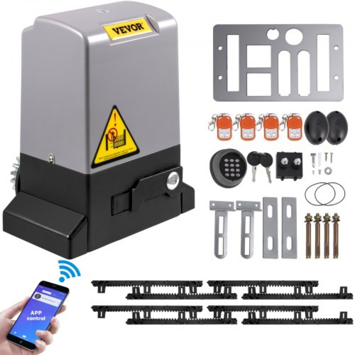 VEVOR Sliding Gate Opener, 1800 KG 4 m, Αυτόματη Συρόμενη Πύλη με 4 Τηλεχειριστήρια & Έλεγχος APP, Electric Rolling Driveway Slide Gate Motor, Complete Gate Operator Hardware System Security Kit