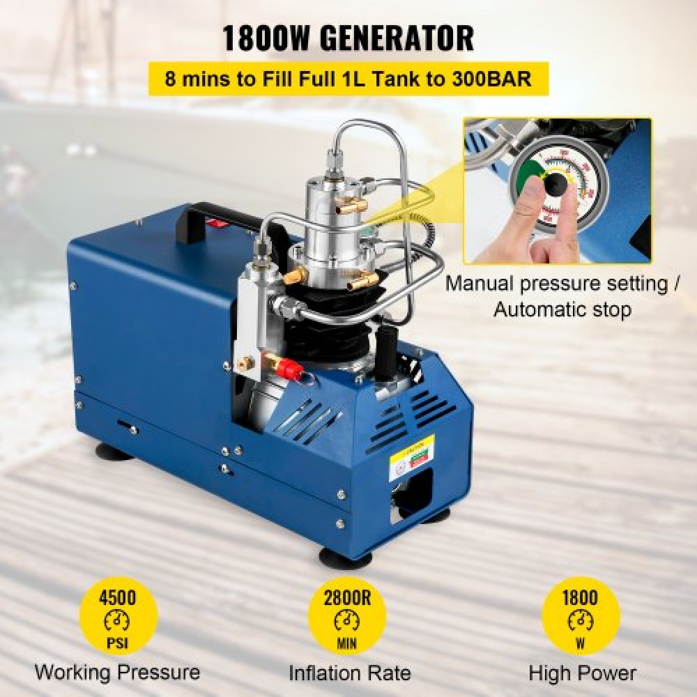 Συμπιεστής υψηλής πίεσης VEVOR, 4500PSI/30MPA Αεροσυμπιεστής υψηλής πίεσης, 1800W 220V Αυτόματος συμπιεστής αεροβόλου ανακούφισης πίεσης Κατάλληλος για αεροβόλο τουφέκι Paintball, Τυφέκιο PCP, Μπουκάλι κατάδυσης