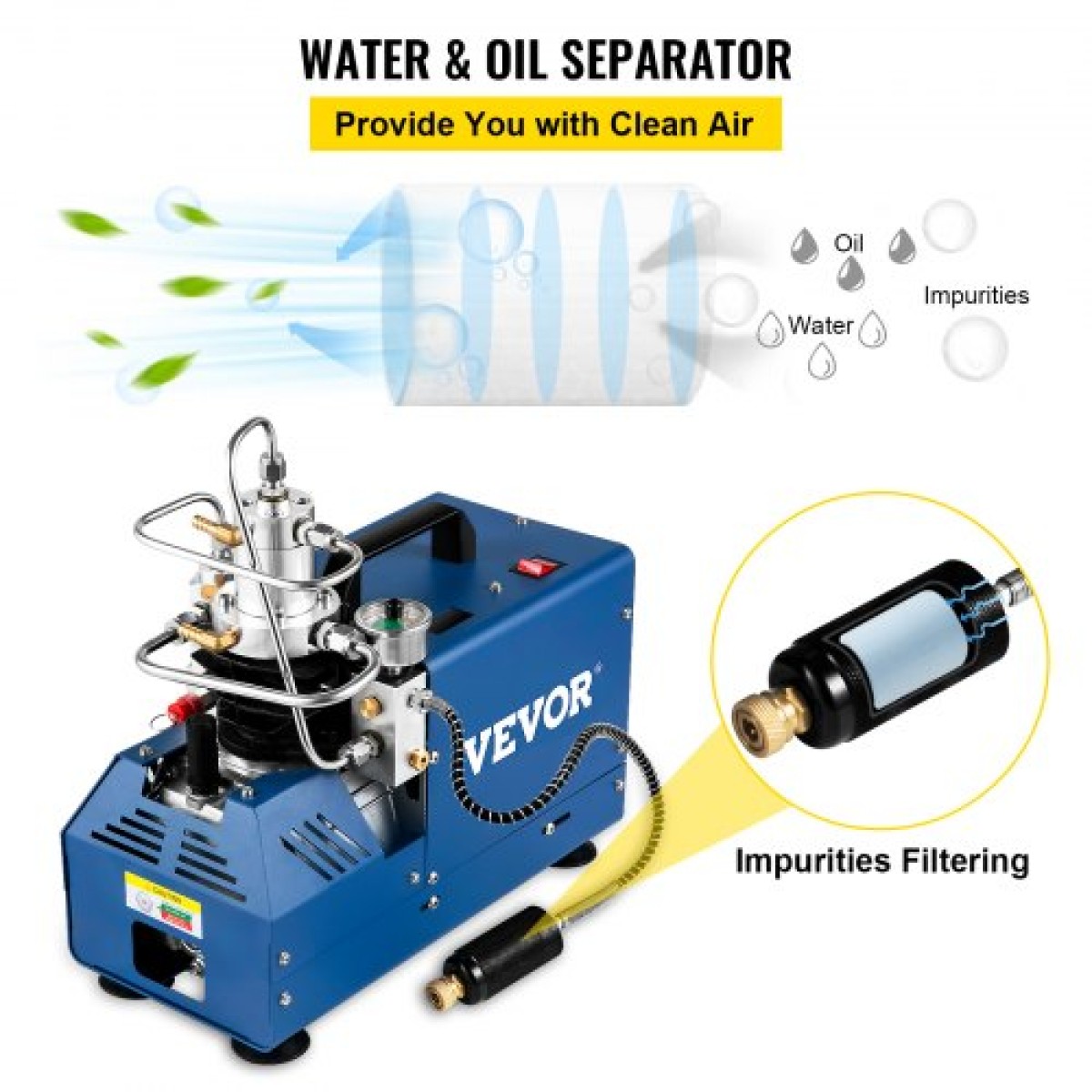 Συμπιεστής υψηλής πίεσης VEVOR, 4500PSI/30MPA Αεροσυμπιεστής υψηλής πίεσης, 1800W 220V Αυτόματος συμπιεστής αεροβόλου ανακούφισης πίεσης Κατάλληλος για αεροβόλο τουφέκι Paintball, Τυφέκιο PCP, Μπουκάλι κατάδυσης