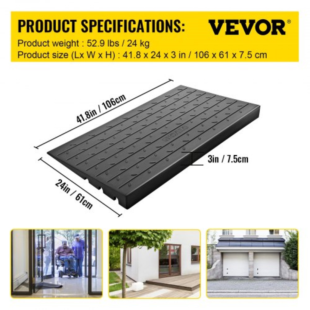 VEVOR Ράμπα κατωφλίου από καουτσούκ, Πόρτα ράμπας κατωφλίου ανύψωσης 3", Κάλυμμα καλωδίου 3 καναλιών Λαστιχένια ράμπα συμπαγούς κατωφλίου, ελαστική γωνιακή ράμπα εισόδου 2200 λίβρες Χωρητικότητα φόρτωσης για αναπηρικό αμαξίδιο και σκούτερ