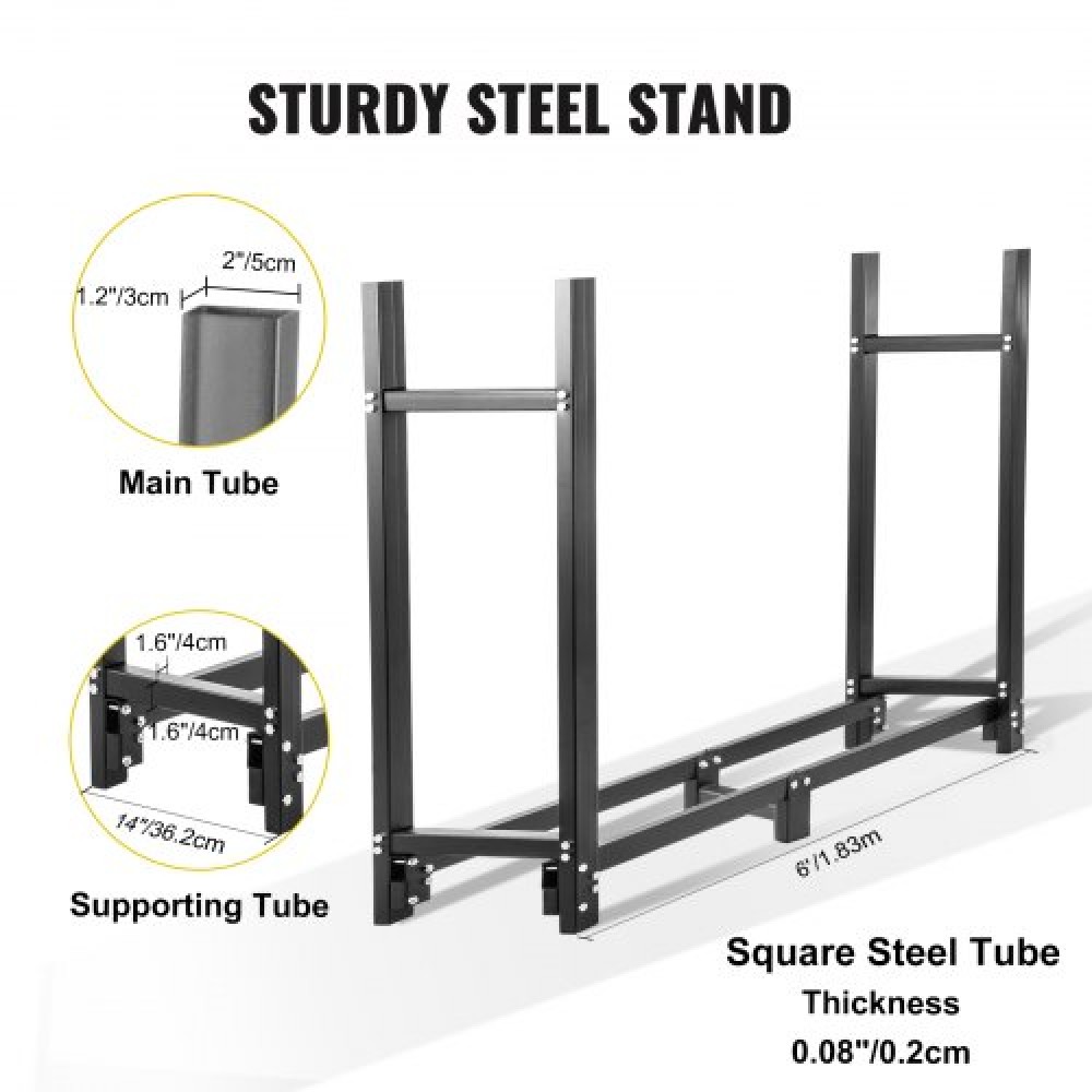 VEVOR Firewood Log Rack, 6ft Firewood Rack Outdoor, Black Firewood Rack stand, Steel Outdoor Wood Rack, Firewood Log Holder with Load Capacity 1300lbs, Firewood Rack with Cover & Fireplace Tool Set