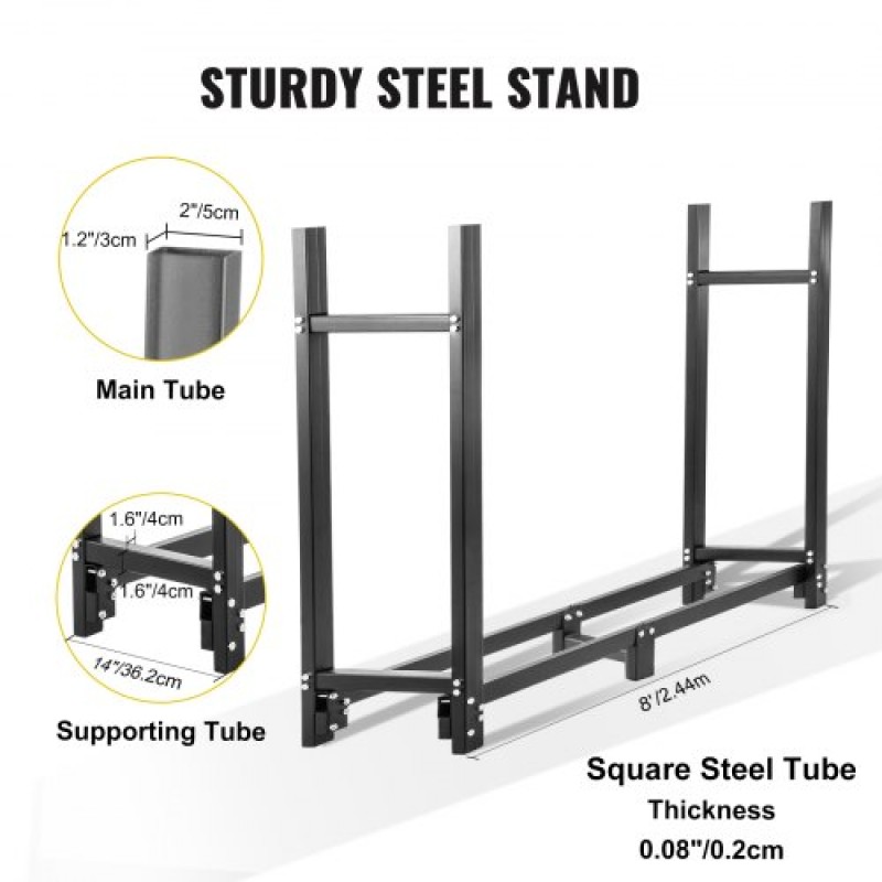 VEVOR Firewood Log Rack, 8ft Firewood Rack Outdoor, Black Firewood Rack stand, Steel Outdoor Wood Rack, Firewood Log Holder with Load Capacity 1300lbs, Firewood Rack with Cover & Fireplace Tool Set
