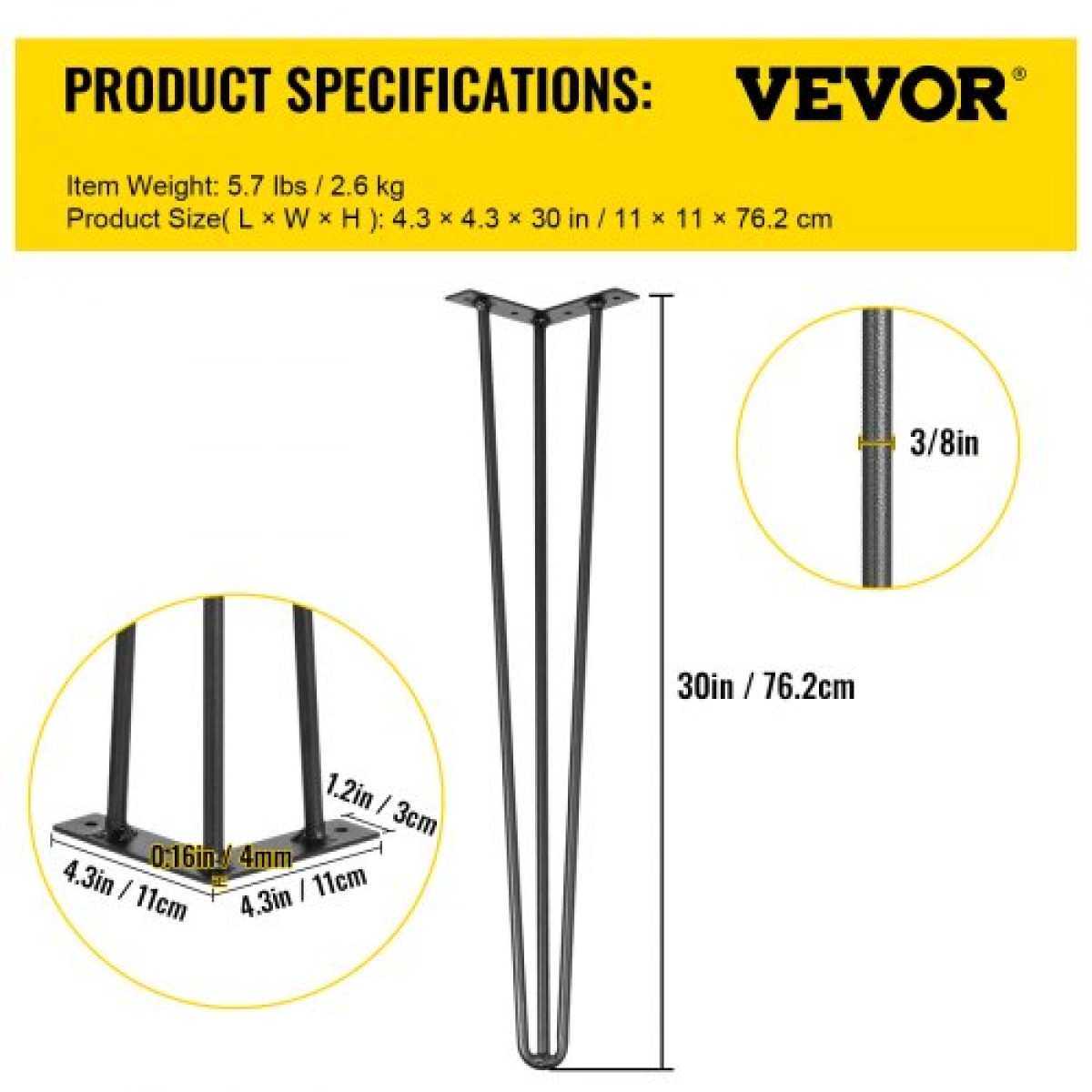 Πόδια τραπεζιού φουρκέτας VEVOR 76,2 cm Μαύρο Σετ με 4 πόδια γραφείου το καθένα 99,8 kg Χωρητικότητα Πόδια γραφείου φουρκέτα 3 ράβδοι για τραπεζαρία πάγκο Τραπεζαρία Καρέκλες τραπεζιού Carbon Steel DIY Πόδια τραπεζιού βαρέως τύπου