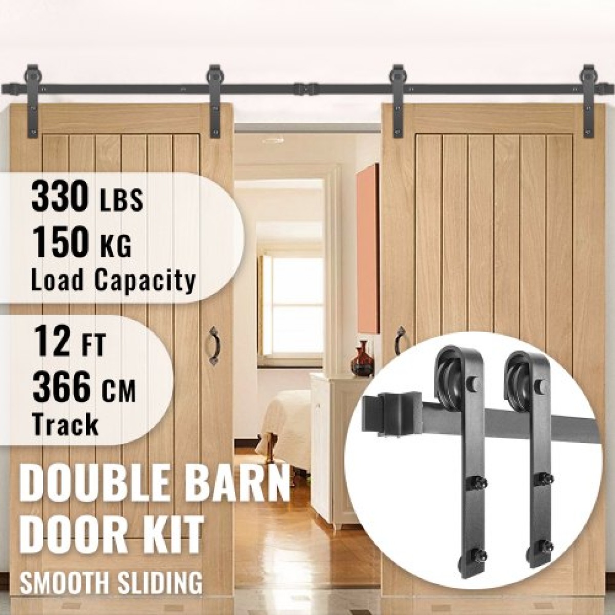 VEVOR Sliding Barn Door Hardware Kit, 365,8 cm Barn Door Kit, 149,7 kg φέρον κιτ Double Barn Door Hardware, Carbon Steel Barn Door Track, Darn door for 4,0-4,5 cm Thickness & 182,9 cm Wide Door Panel
