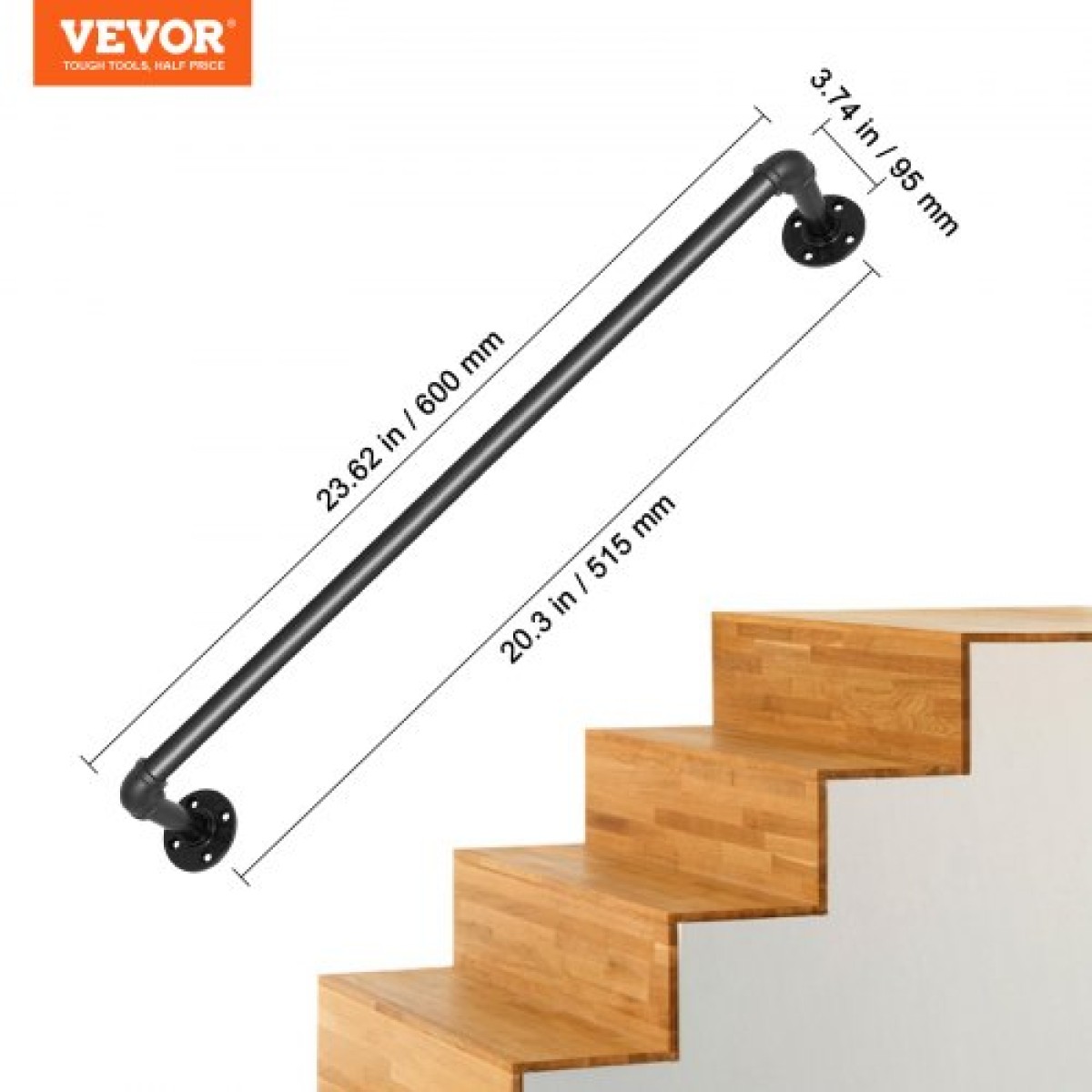 Κουπαστή σκάλας VEVOR Pipe κουπαστή σκάλας 61 cm Carbon Steel για βάση τοίχου