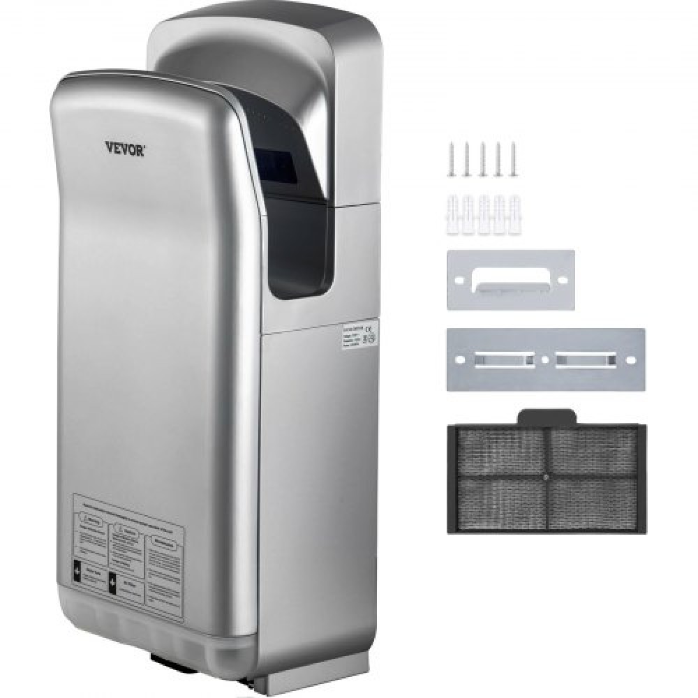 VEVOR Jet Hand Dryer, Premium Electric Commercial Blade Hand Dryer, ABS Air Dryer Hand with HEPA Filtration Wall Mount Hand Dryer, 2000W 220V Vertical Hand Dryer, High-Speed Automatic Infrared Silver