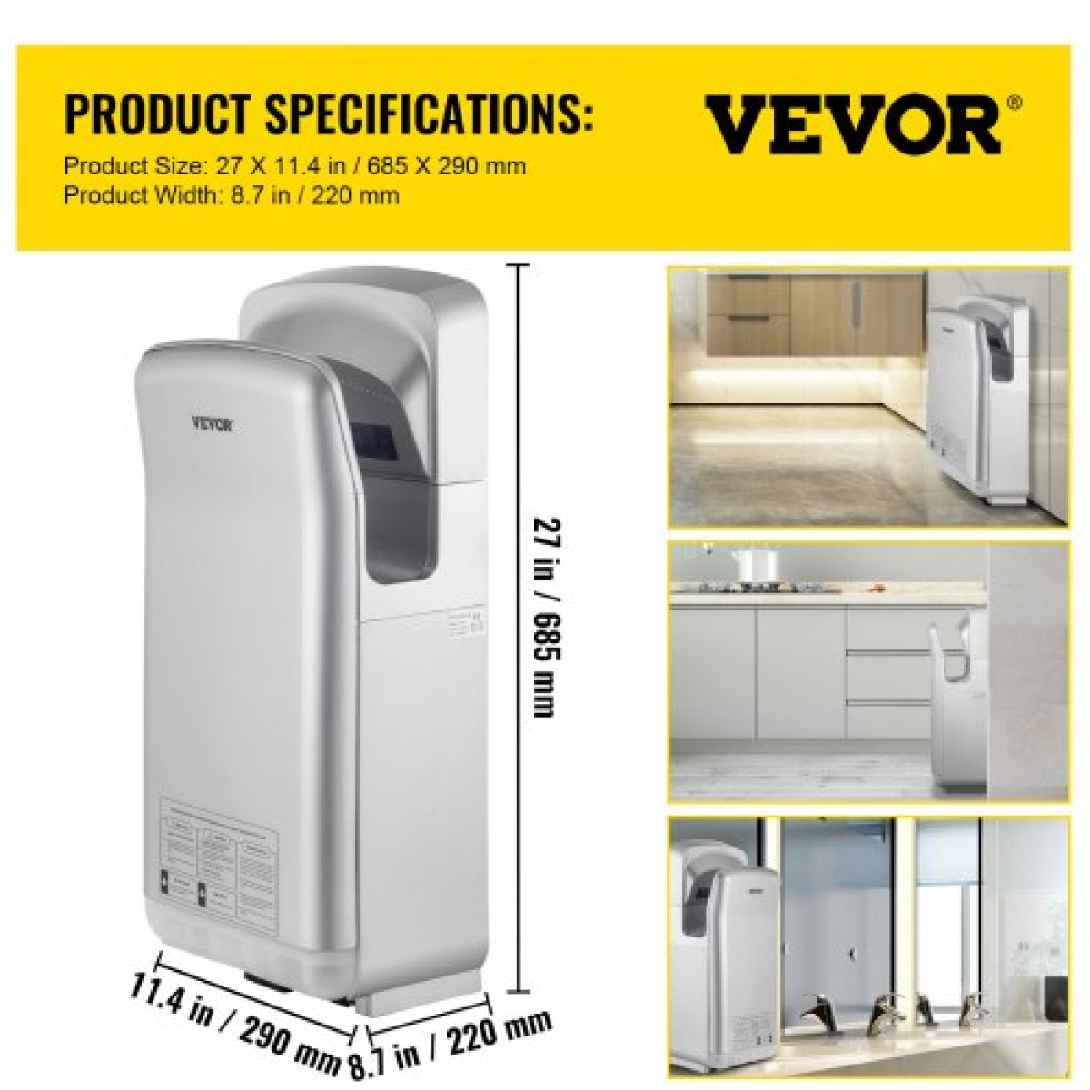 VEVOR Jet Hand Dryer, Premium Electric Commercial Blade Hand Dryer, ABS Air Dryer Hand with HEPA Filtration Mount Hand Dryer, 2000W 220V Vertical dryer, High-Speed ​​Automatic Infrared Silver