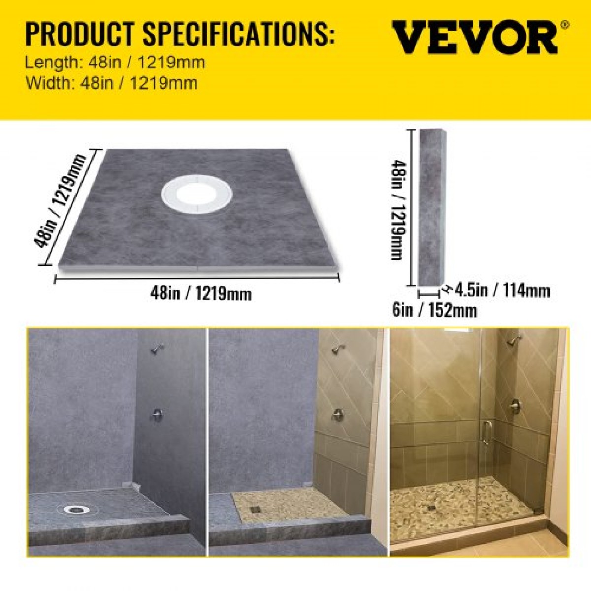 Σετ κρασιού ντους VEVOR, 121,9 x 121,9 cm στεγανή επικάλυψη ντουζιέρας με φλάντζα κεντρικής συγκόλλησης ABS 10,2 cm, σχάρα από ανοξείδωτο χάλυβα 10,2 cm, 2 κομμένα κράσπεδα ντους και μυστρί, μπαστούνια κλίσης ντους