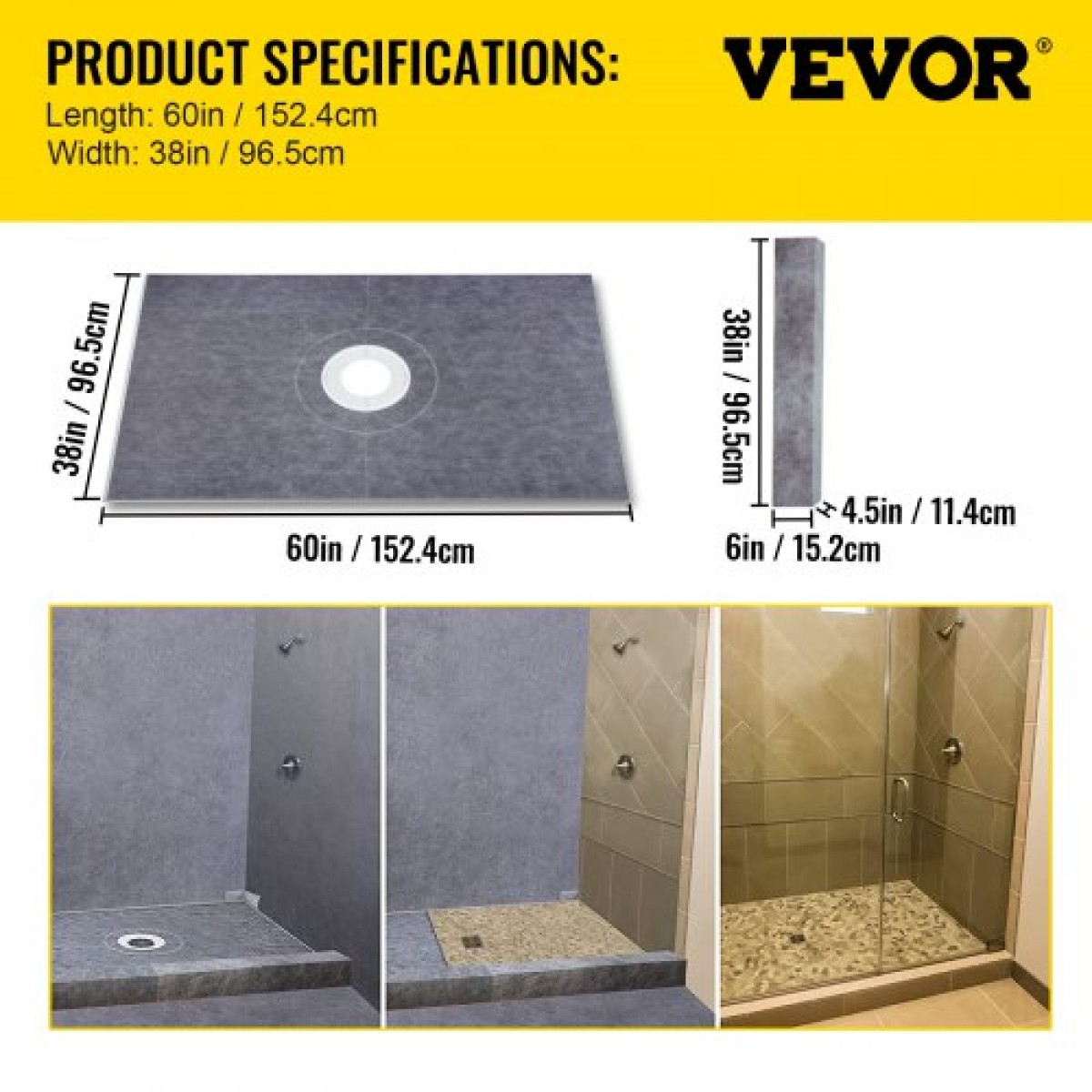 Σετ κρασιού ντους VEVOR, 38 \"x60\" Αδιάβροχη επίστρωση κρασιού ντους με 4\" PVC κεντρική φλάντζα συγκόλλησης, 4\" σχάρα από ανοξείδωτο χάλυβα, 2 κομμένα κράσπεδα ντους και σπάτουλα, μπαστούνια κλίσης ντους κατάλληλες για μπάνιο