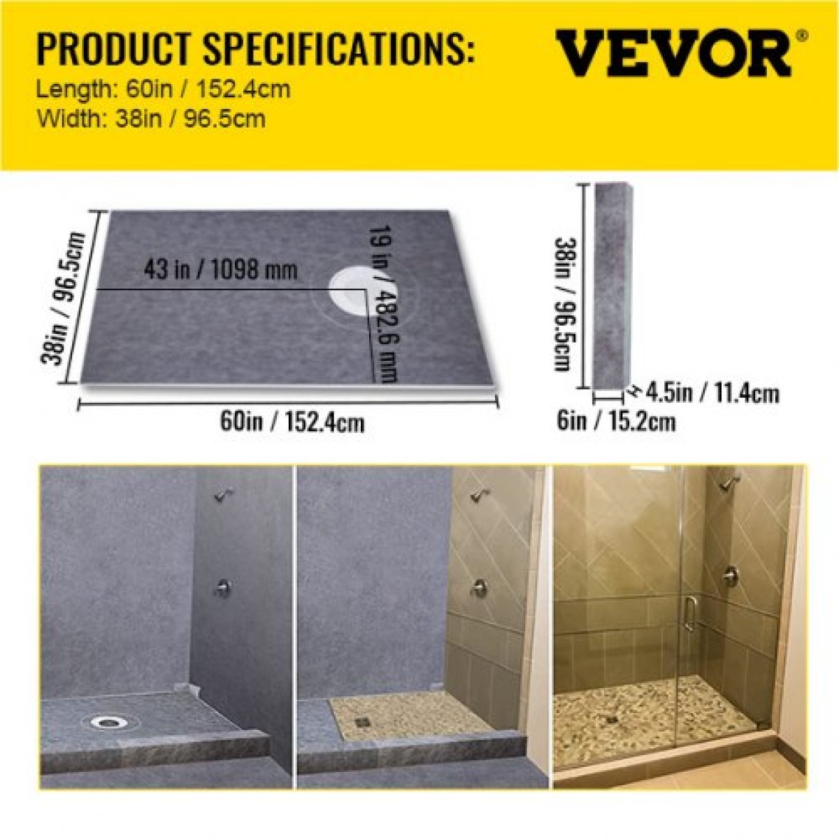 VEVOR Σετ κρασιού ντους 38" x 60" Αδιάβροχη επικάλυψη κρασιού ντους με φλάντζα συγκόλλησης 4" PVC Offset, σχάρα από ανοξείδωτο χάλυβα 4", 2 κομμένα κράσπεδα ντους και σπάτουλα, μπαστούνια κλίσης ντουζιέρας κατάλληλα για μπάνιο