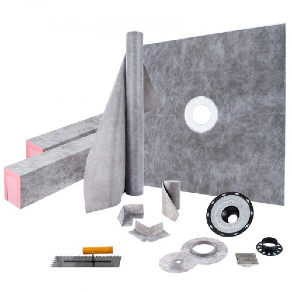 Σετ κρασιού ντους VEVOR, 48" x 48" στεγανή επικάλυψη ντους με κεντρική φλάντζα συγκόλλησης 4" PVC, σχάρα από ανοξείδωτο χάλυβα 4", 2 κομμένα κράσπεδα ντους και σπάτουλα, μπαστούνια κλίσης ντους κατάλληλα για μπάνιο
