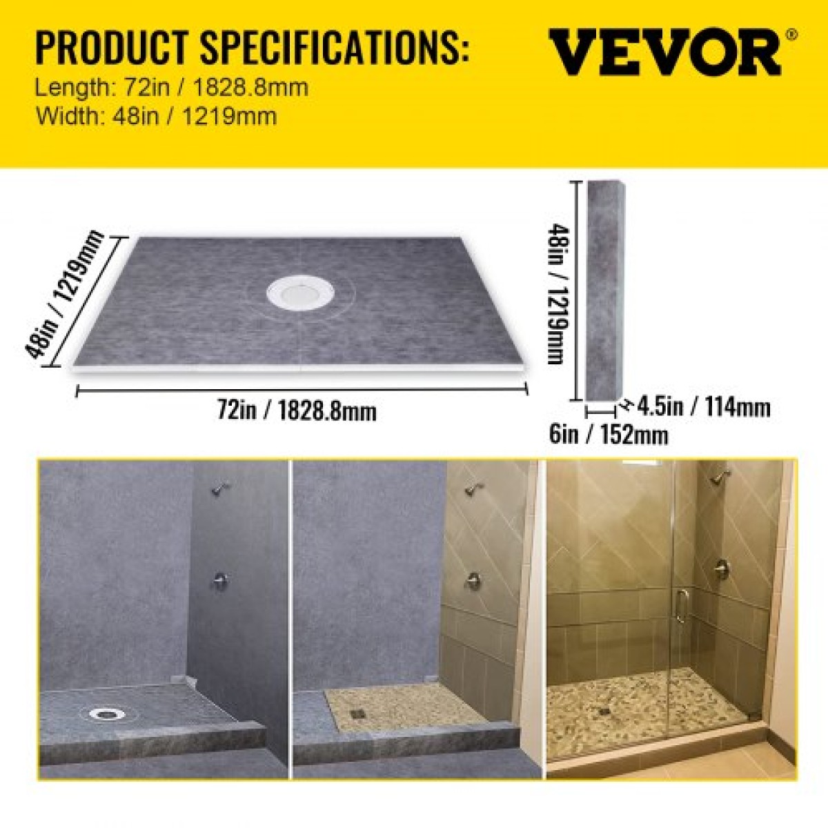 Σετ κρασιού ντους VEVOR, 48 \"x72\" Αδιάβροχη επίστρωση κρασιού ντους με 4\" PVC κεντρική φλάντζα συγκόλλησης, 4\" σχάρα από ανοξείδωτο χάλυβα, 2 κομμένα κράσπεδα ντους και σπάτουλα, μπαστούνια ντους Slope Sticks Fit for Bathr
