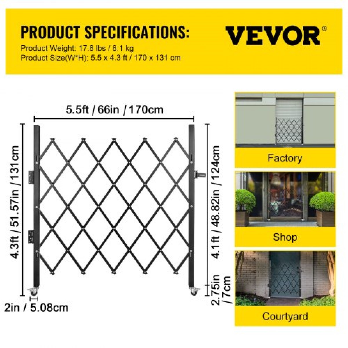 VEVOR Μονή Πτυσσόμενη Πύλη Ασφαλείας, 170 × 131 cm (Π × Υ) Πτυσσόμενη πόρτα πόρτας, Πύλη ασφαλείας από χάλυβα ακορντεόν, Εύκαμπτη πύλη ασφαλείας, κυλιόμενη πύλη φραγμού 360°, πύλη ψαλιδιού ή πόρτα με λουκέτο