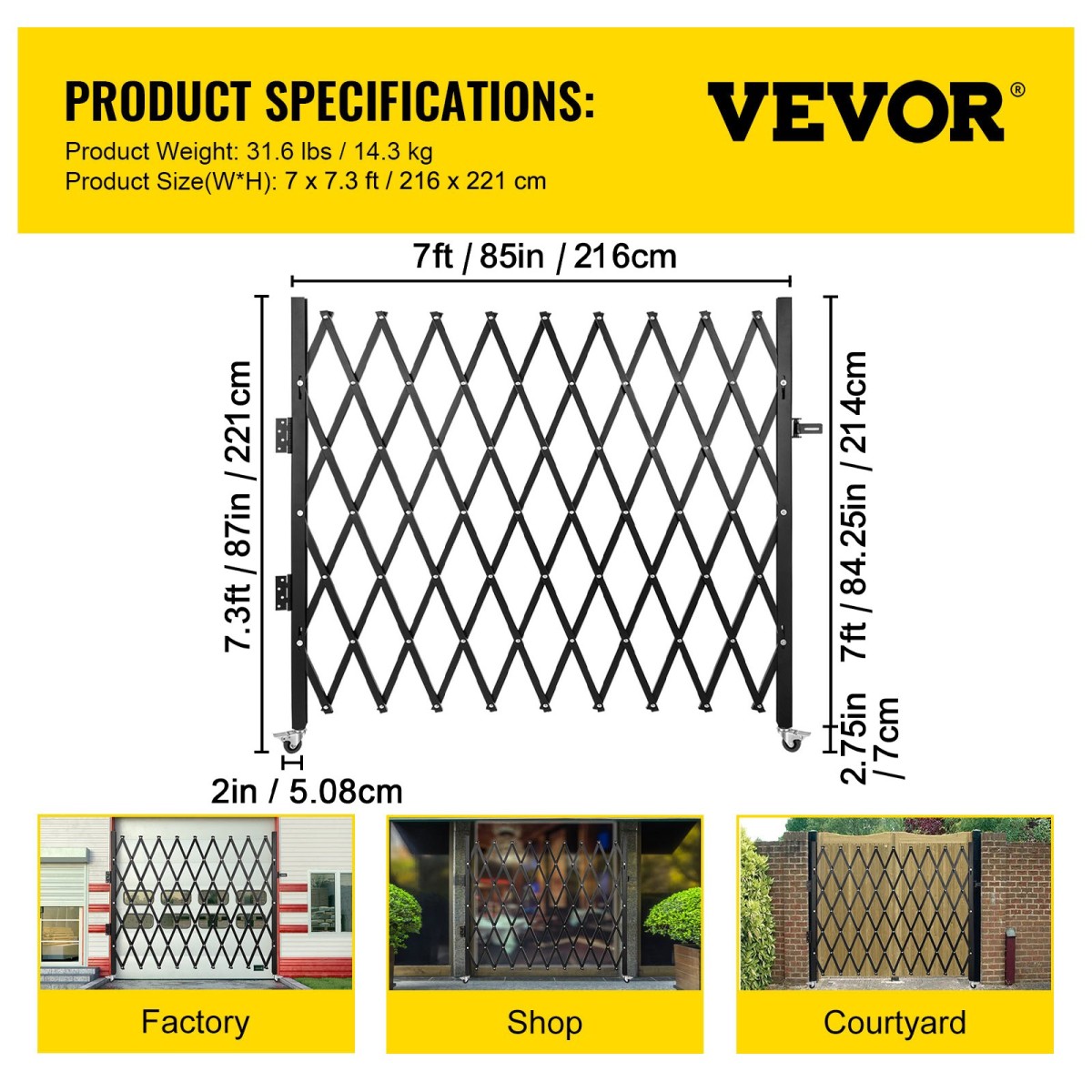 VEVOR Μονή Πτυσσόμενη Πύλη Ασφαλείας, 216 × 214 cm(Π × Υ) Πτυσσόμενη Πύλη Πόρτας, Πύλη Ασφαλείας από χάλυβα ακορντεόν, Ευέλικτη Πύλη Ασφαλείας Επέκτασης, Πύλη Barricade Rolling 360°, Πύλη/Πόρτα ψαλιδιού με λουκέτο