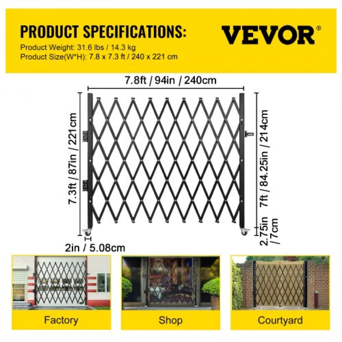 VEVOR Μονή Πτυσσόμενη Πύλη Ασφαλείας, 198 cm Υ x 229 cm Π Πτυσσόμενη Πύλη Πόρτας, Πόρτα Ασφαλείας από χάλυβα ακορντεόν, Εύκαμπτη Διευρυόμενη Πύλη Ασφαλείας, Κυλιόμενη Πύλη Barricade 360°, Πύλη/Πόρτα ψαλιδιού με Padloc
