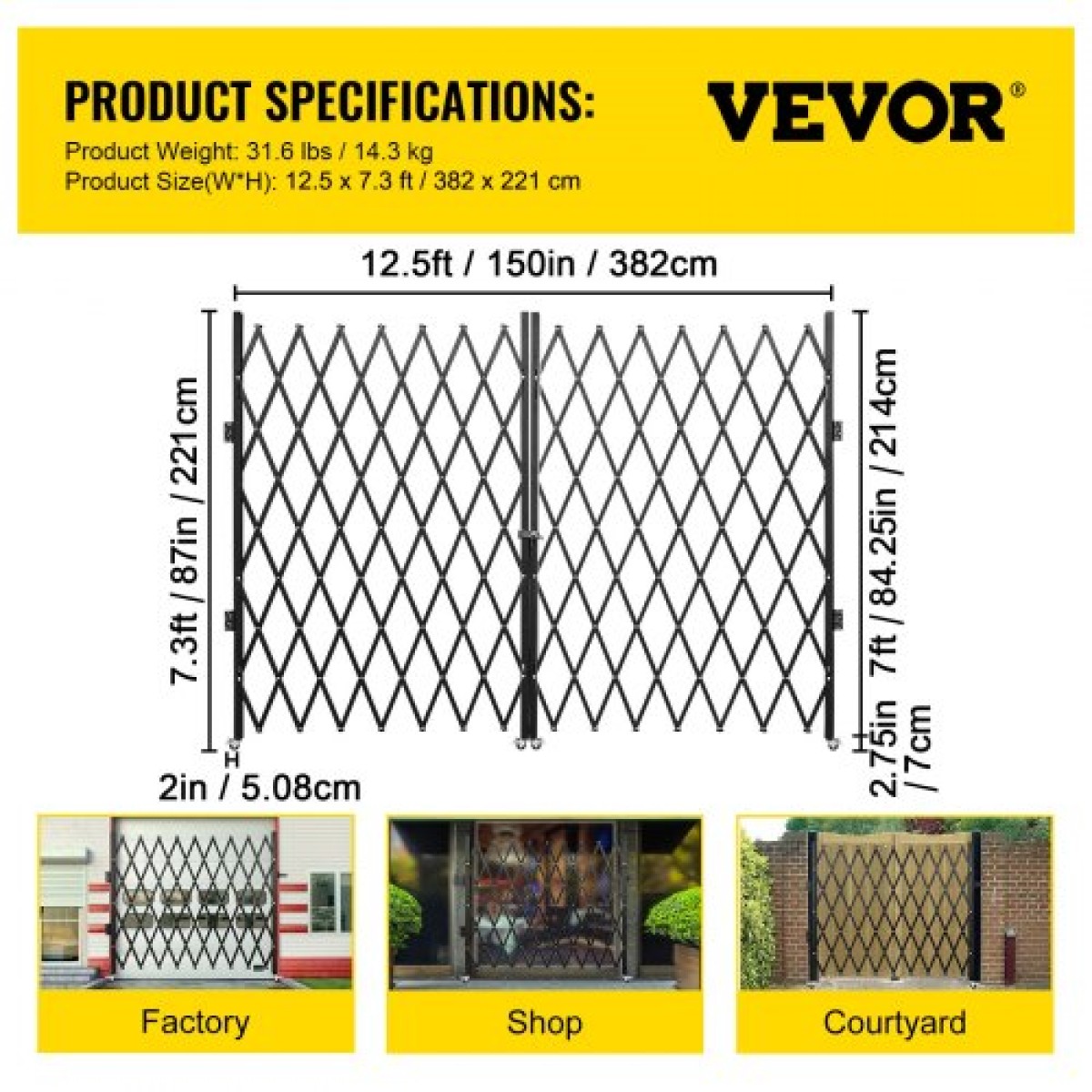 Διπλή Πτυσσόμενη Πύλη Ασφαλείας VEVOR, 382 × 214 cm(Π × Υ) Πτυσσόμενη πύλη πόρτας, Πύλη ασφαλείας από χάλυβα ακορντεόν, εύκαμπτη επεκτεινόμενη πύλη ασφαλείας, κυλιόμενη πύλη φραγής 360°, πύλη ψαλιδιού ή πόρτα με κλειδιά