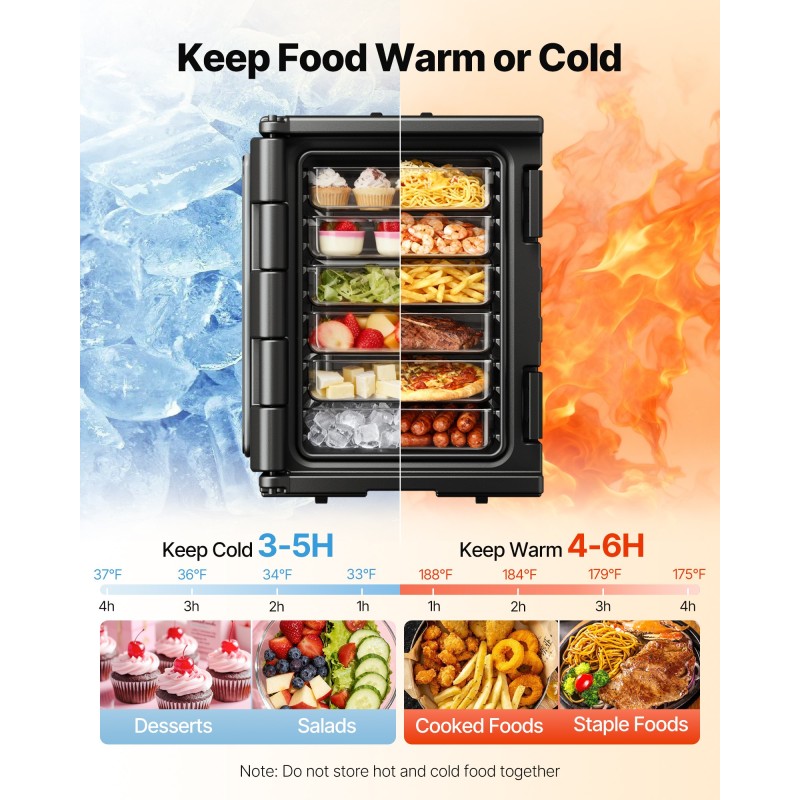 Βάση μεταφοράς φαγητού VEVOR Insulated, Hot Box 90 L για Catering, LLDPE Food Box Carrier με διπλές πόρπες, Front Loading Food Warner με λαβές, Stackable End Loader για εστιατόριο, κυλικείο, κ.λπ. Bla