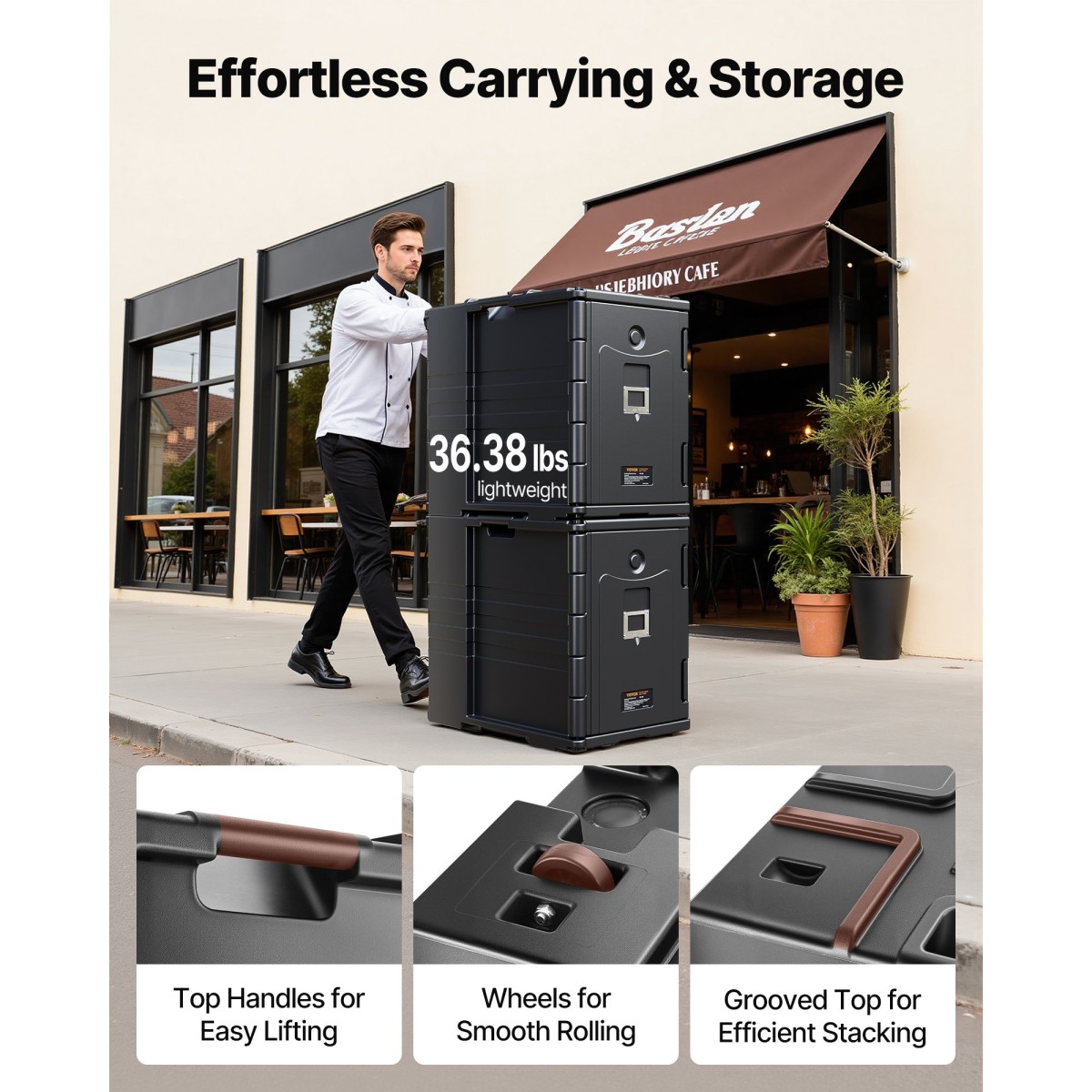 Βάση μεταφοράς φαγητού VEVOR Insulated, Hot Box 90 L για Catering, LLDPE Food Box Carrier με διπλές πόρπες, Front Loading Food Warner με λαβές, Stackable End Loader για εστιατόριο, κυλικείο, κ.λπ. Bla