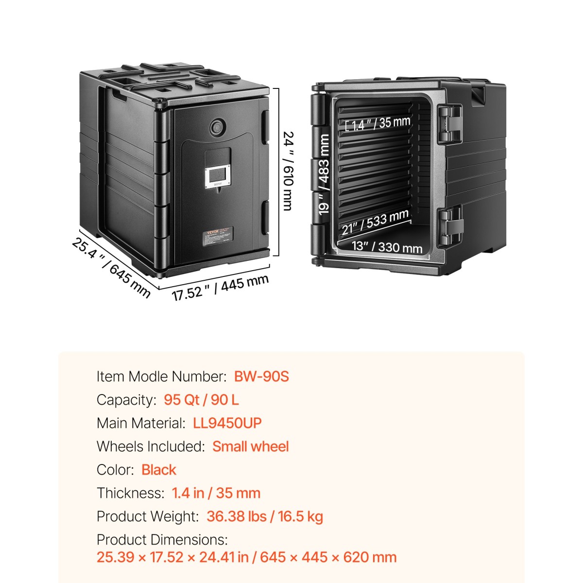 Βάση μεταφοράς φαγητού VEVOR Insulated, Hot Box 90 L για Catering, LLDPE Food Box Carrier με διπλές πόρπες, Front Loading Food Warner με λαβές, Stackable End Loader για εστιατόριο, κυλικείο, κ.λπ. Bla