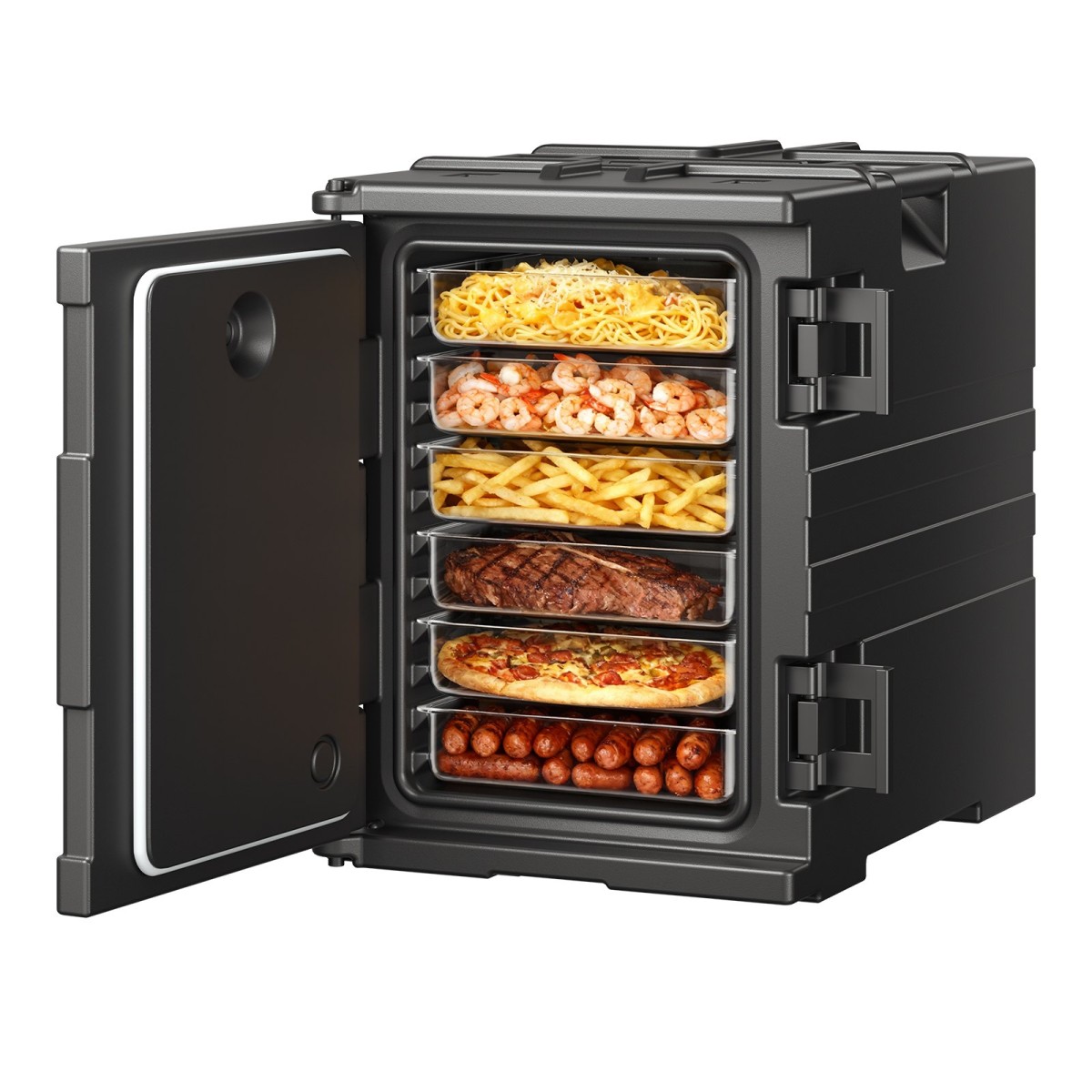 Βάση μεταφοράς φαγητού VEVOR Insulated, Hot Box 90 L για Catering, LLDPE Food Box Carrier με διπλές πόρπες, Front Loading Food Warner με λαβές, Stackable End Loader για εστιατόριο, κυλικείο, κ.λπ. Bla