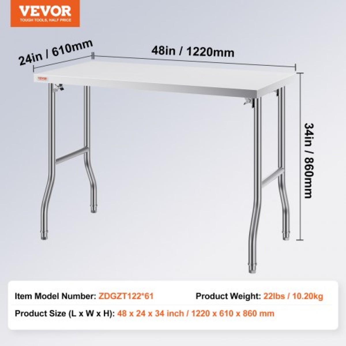 VEVOR Commercial Table Workstation 121,9x61 cm Πτυσσόμενο Εμπορικό Τραπέζι Προετοιμασίας, Πτυσσόμενο τραπέζι από ανοξείδωτο ατσάλι βαρέως τύπου με φορτίο 299,8 kg, Τραπέζι εργασίας κουζίνας, Ασημένιο Stainless Steel Kitchen Island