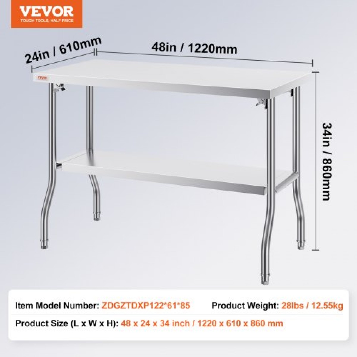 VEVOR Commercial τραπέζι εργασίας 121,9x61 cm Πτυσσόμενο Εμπορικό τραπέζι προετοιμασίας, Πτυσσόμενο τραπέζι από ανοξείδωτο ατσάλι βαρέως τύπου με φορτίο 350,2 kg, Τραπέζι εργασίας κουζίνας, Ασημί Stainless Steel Kitchen Island