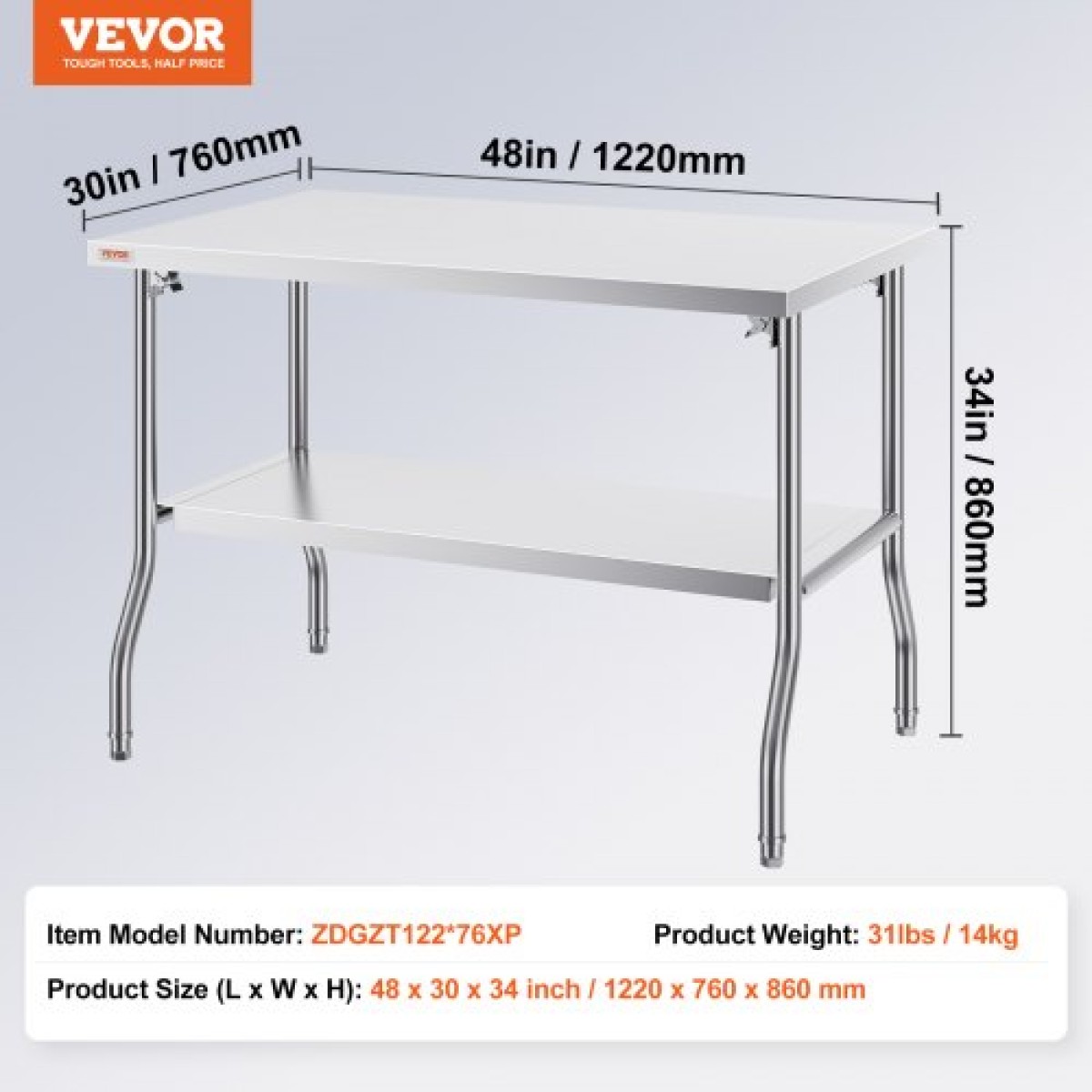 VEVOR Πτυσσόμενο Εμπορικό Τραπέζι Προετοιμασίας, Εμπορικό τραπέζι εργασίας 48 x 30 ιντσών με κάτω ράφι, πτυσσόμενο τραπέζι από ανοξείδωτο ατσάλι βαρέως τύπου, για οικιακή κουζίνα εστιατόριο Γκαράζ