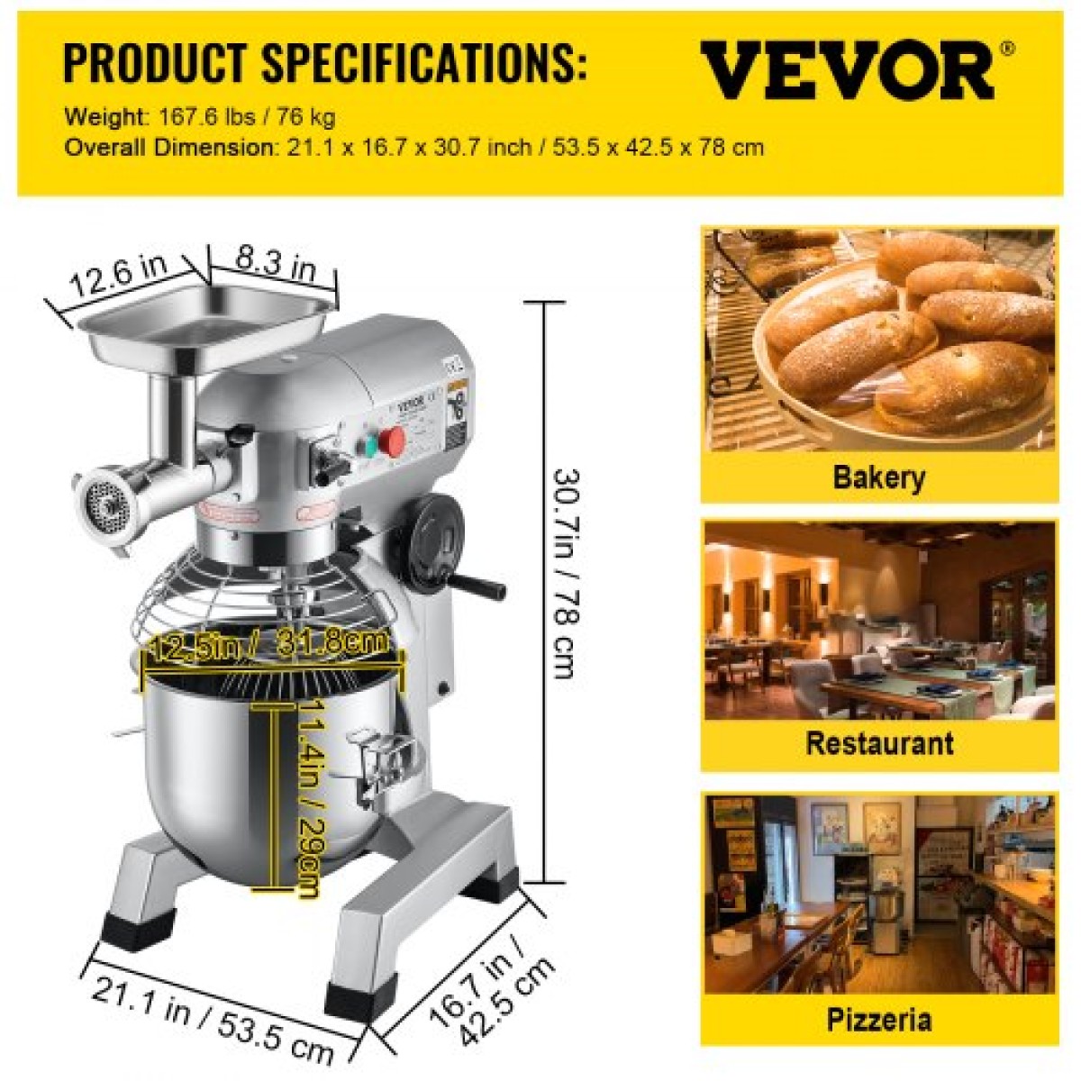 Μίξερ VEVOR Commercial Stand, Μπολ από ανοξείδωτο ατσάλι 20 Qt, 1100W 2 σε 1 Πολυλειτουργικό ηλεκτρικό μίξερ τροφίμων με μηχανή κοπής κρέατος & 3 ταχύτητες, Περιλαμβάνεται χτυπητήρι με γάντζο ζύμης, ιδανικό για πιτσαρία αρτοποιίας