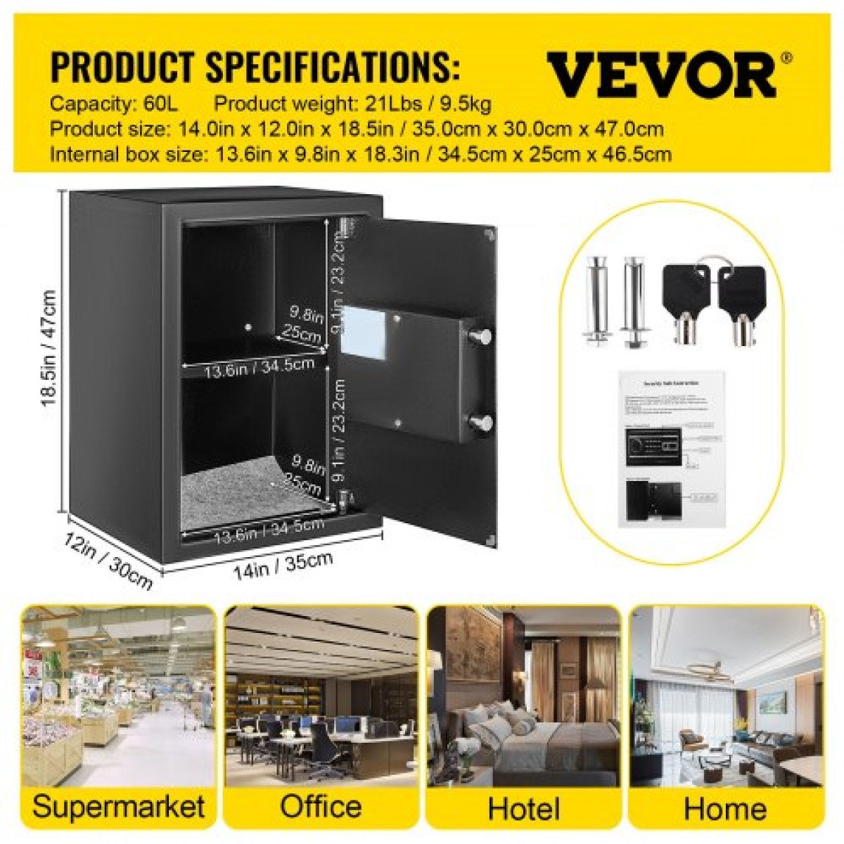 Χρηματοκιβώτιο VEVOR, Χρηματοκιβώτιο 60 L με κλειδαριά δακτυλικών αποτυπωμάτων και ψηφιακό πληκτρολόγιο, πυρίμαχα χρηματοκιβώτια σπιτιού με αφαιρούμενο ράφι, επιτοίχια θυρίδα ασφαλείας για μετρητά, ρολόι, διαβατήριο, έγγραφα, μαύρο