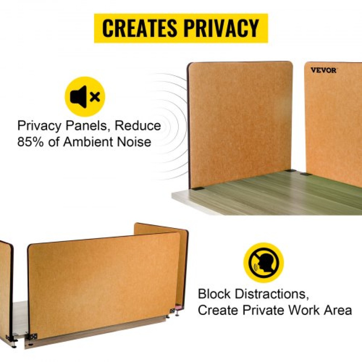 VEVOR Desk Divider 60'' Desk Privacy Panel, 3 panels Privacy Acoustic panel, Sound Absorbing Acoustic Privacy panel, Μειώστε το θόρυβο και τις οπτικές περισπασμούς, Ελαφρύ κίτρινο διαχωριστικό με σφιγκτήρα