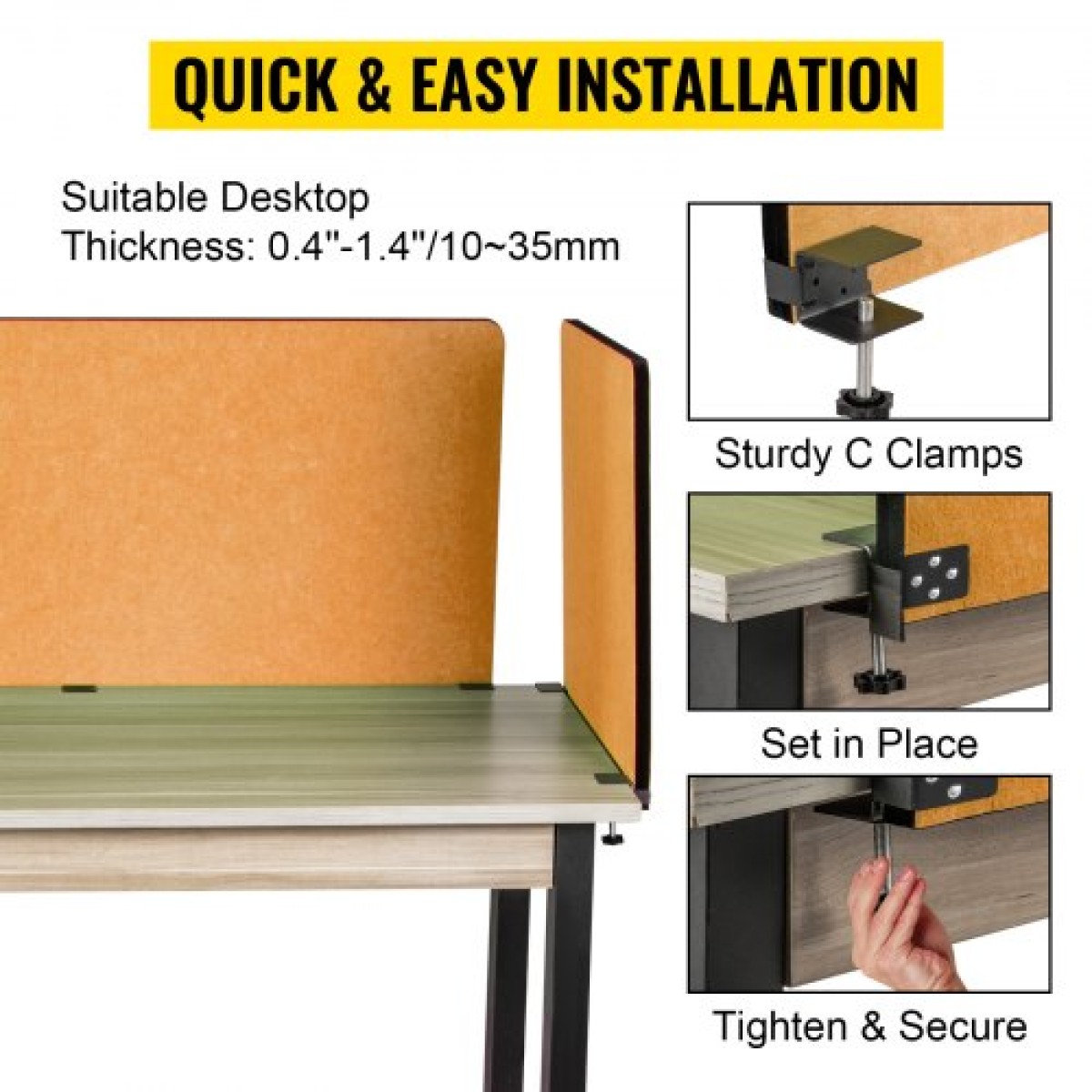 VEVOR Desk Divider 60'' Desk Privacy Panel, 3 panels Privacy Acoustic panel, Sound Absorbing Acoustic Privacy panel, Μειώστε το θόρυβο και τις οπτικές περισπασμούς, Ελαφρύ κίτρινο διαχωριστικό με σφιγκτήρα
