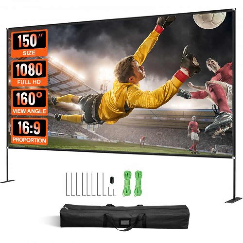 VEVOR Outdoor Movie Screen w/ Stand, 150" Portable Movie Screen, 16:9 HD Wide Angle Outdoor Projector Screen, Front & Rear Projection, w/ Storage Bag & Stand for Office Home Theater Outdoor Indoor Use