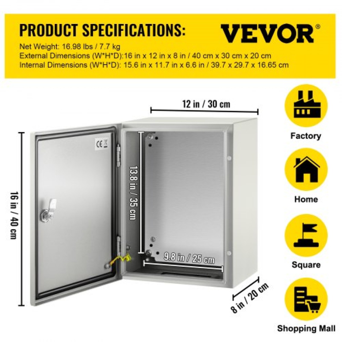 Ατσάλινο περίβλημα VEVOR NEMA, 40x30x20 cm NEMA 4X Steel Electrical Box, IP66 Waterproof & Dustproof, Ηλεκτρικό κουτί διακλάδωσης εξωτερικού/εσωτερικού χώρου, με πλάκα τοποθέτησης
